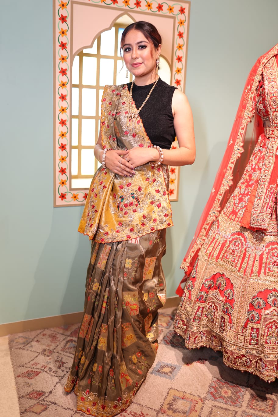 Mustard Yellow & Brown Handloom Silk Saree with Exquisite Floral Embroidery