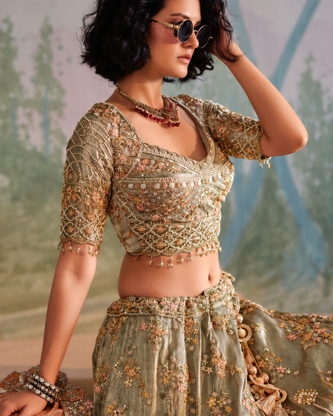 Elegant Sage Gold Floral Embroidered Lehenga Secondary image