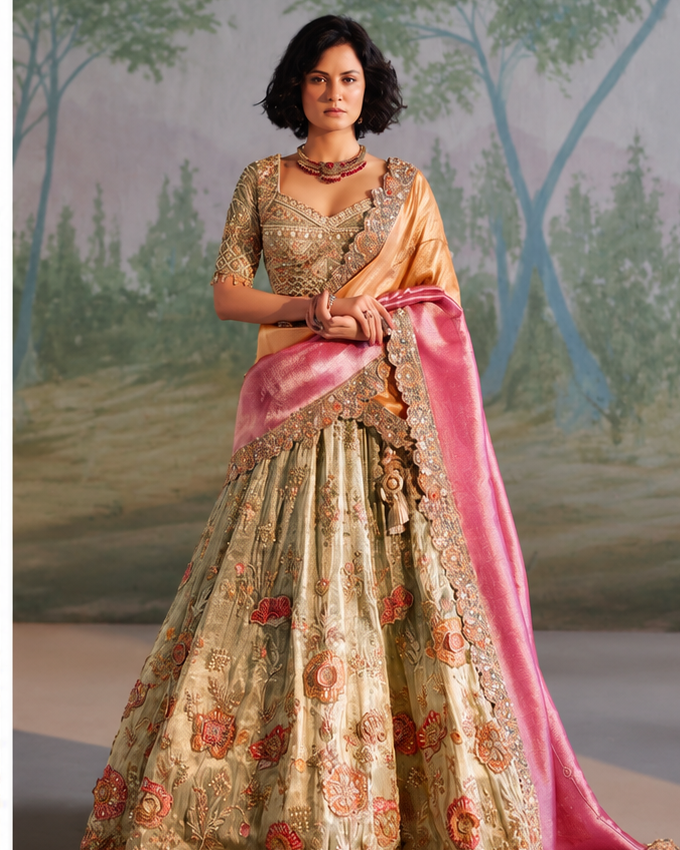 Elegant Sage Gold Floral Embroidered Lehenga Main image