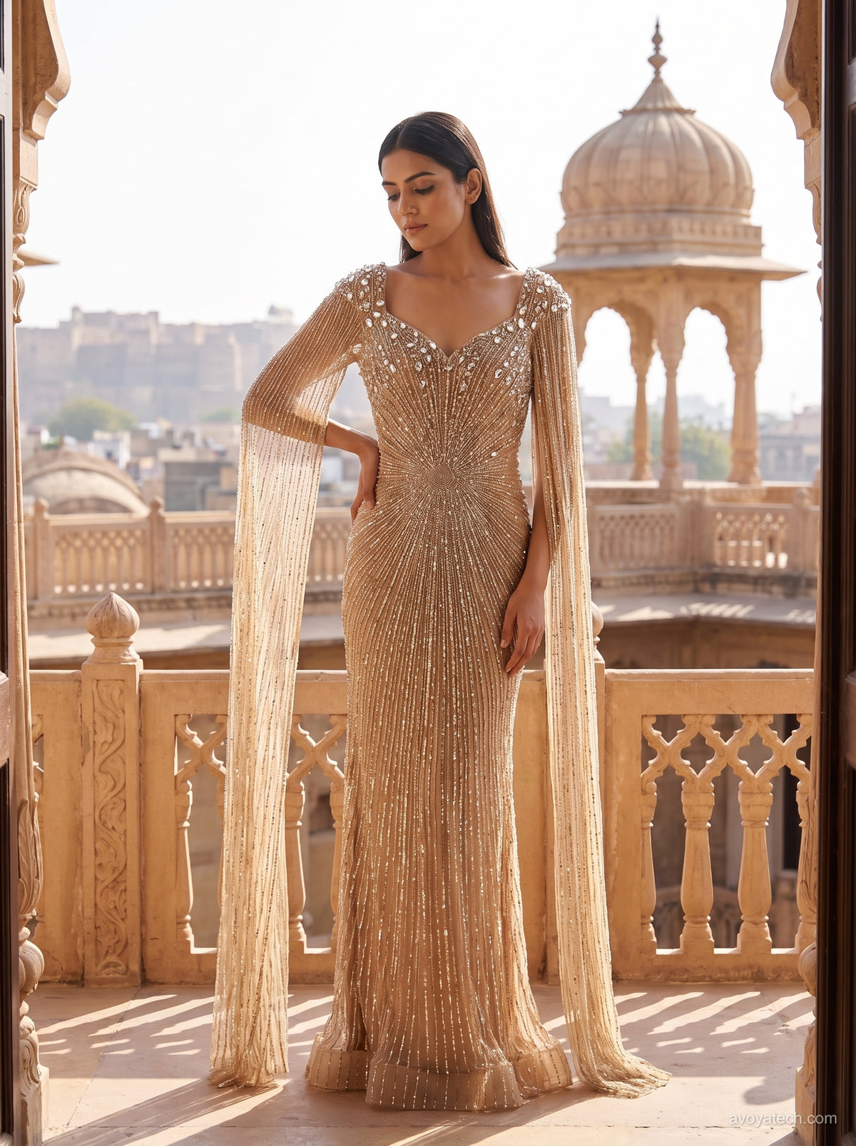 Champagne Gold Shimmering Gown With Flared Drape Sleeves