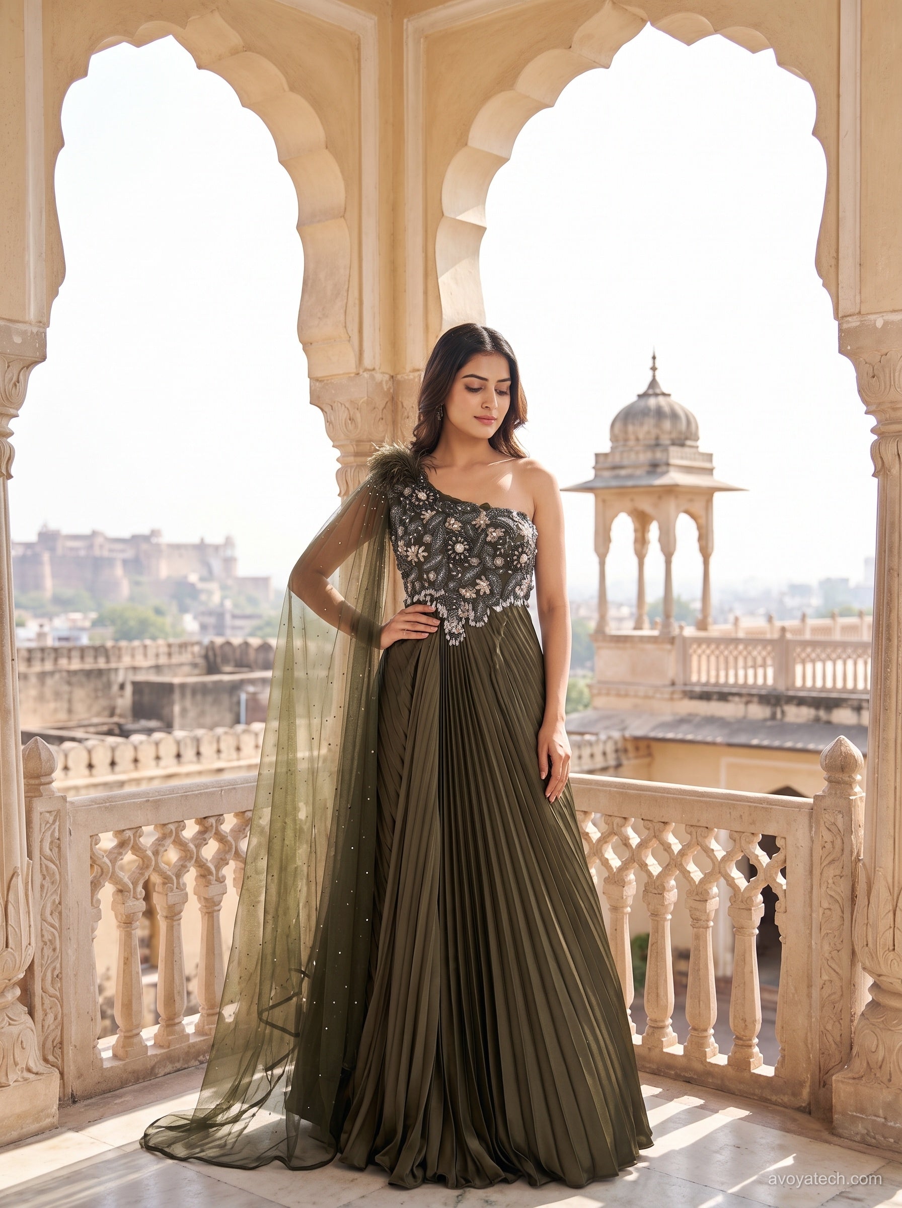 Olive Green Accordion-Pleated One-Shoulder Gown Set