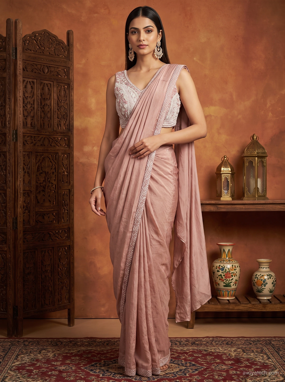 Dusty Pink Soft Fabric Saree with Embroidered Blouse Main image