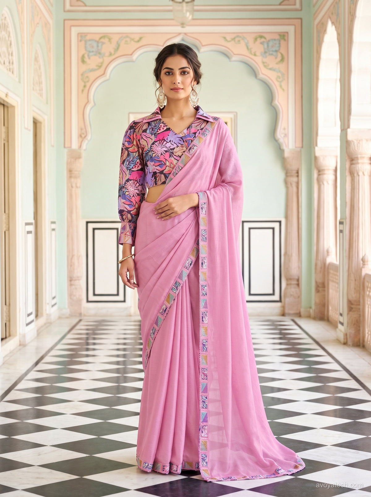 Pink Soft Fabric Saree with Multicolor Border
