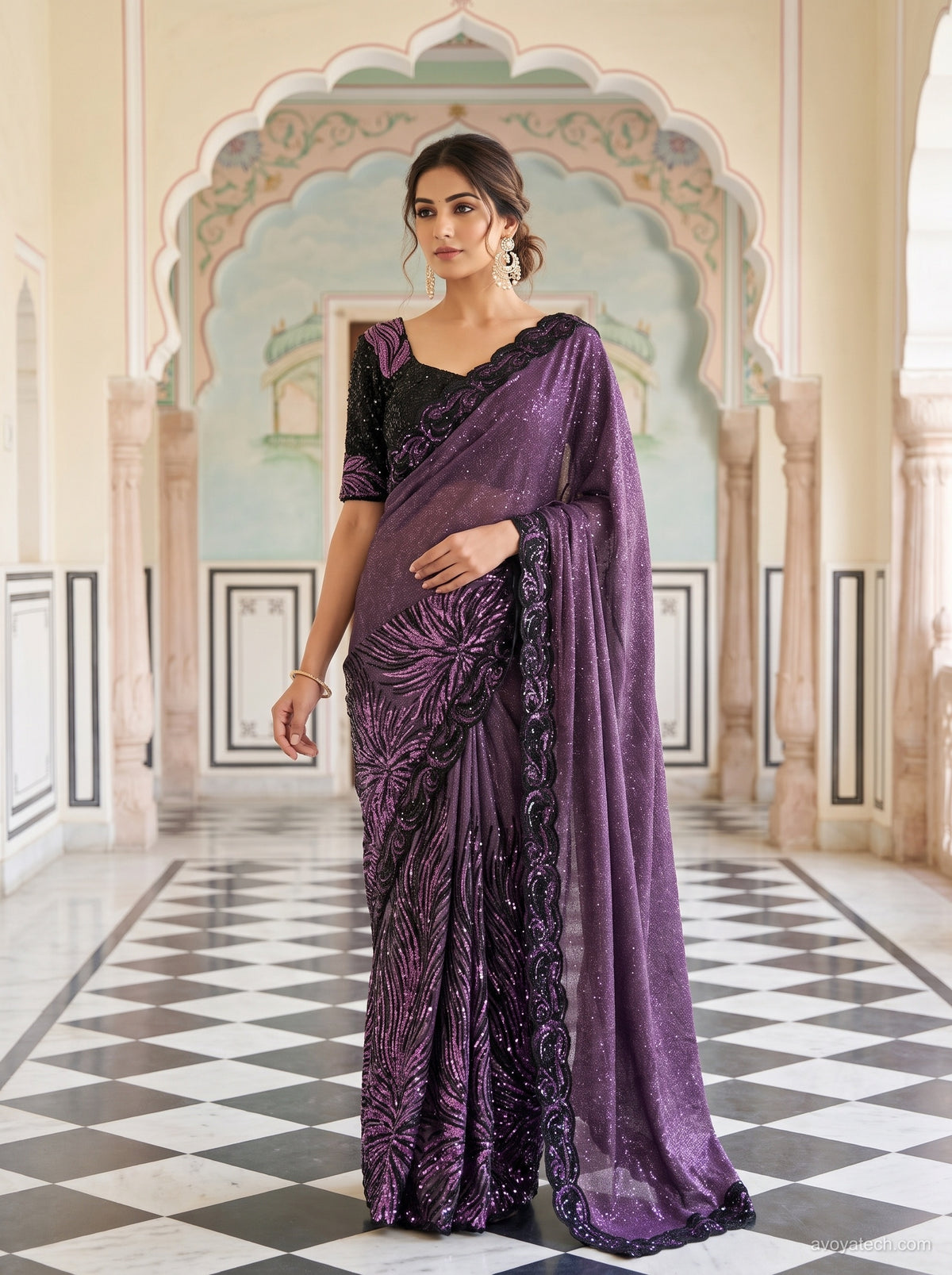 Royal Purple Net Saree with Sequin Embroidery Main image