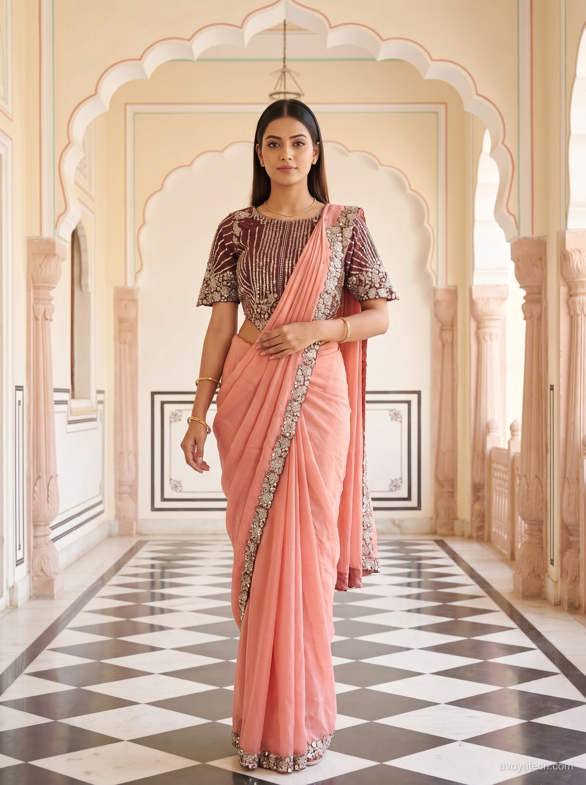 Peach Soft Fabric Saree with Heavy Embellished Border Main image
