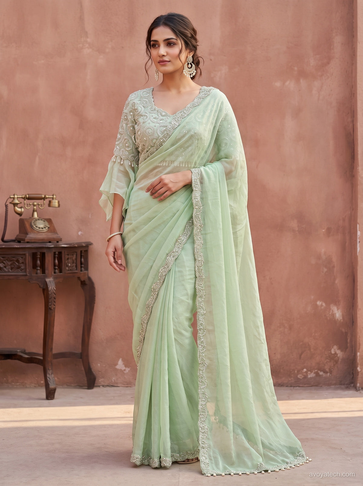 Pastel Green Silk Saree with Elegant Silver Border Main image