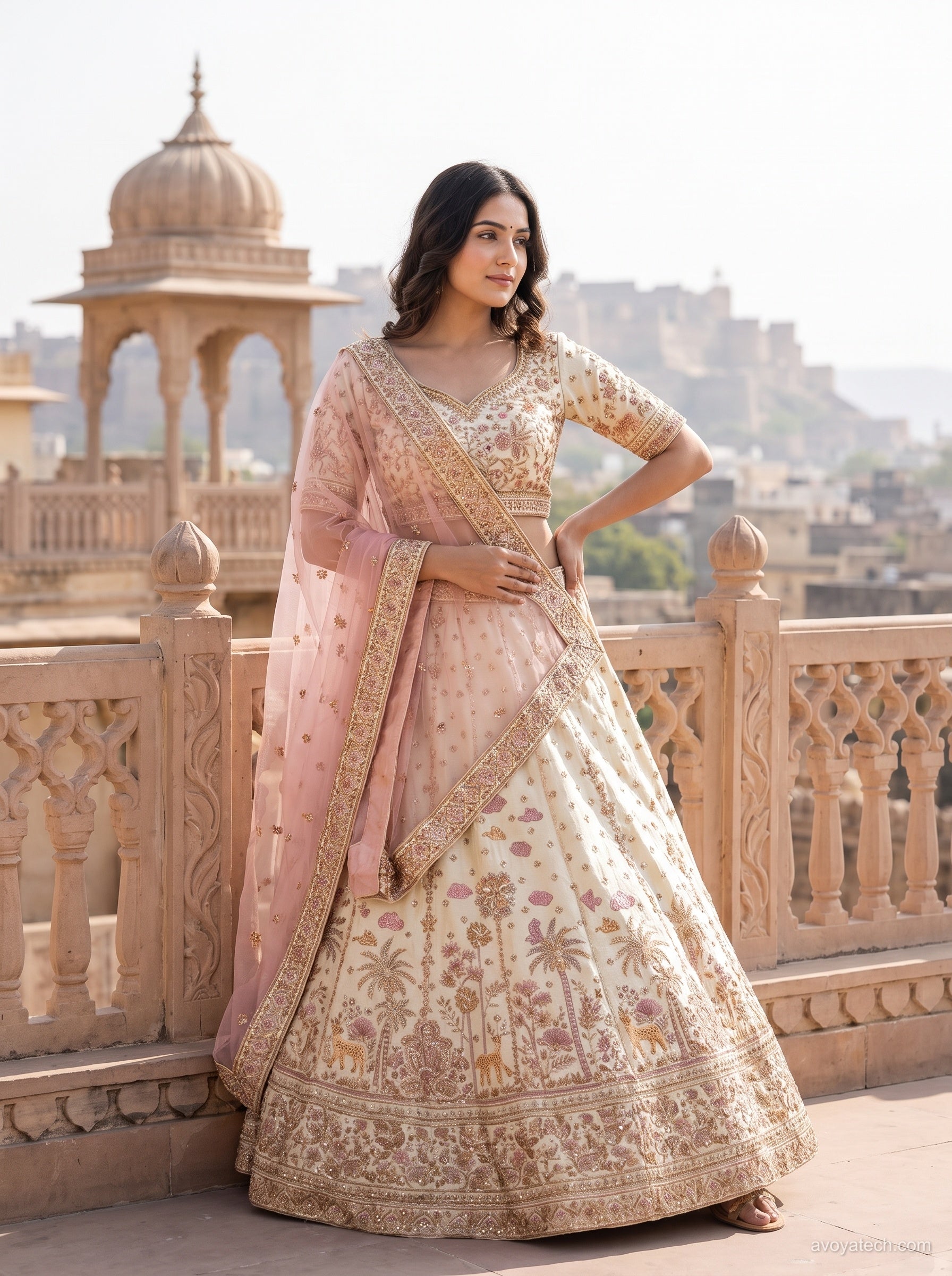 Ivory &amp; Blush Pink Heritage Tree Lehenga Set