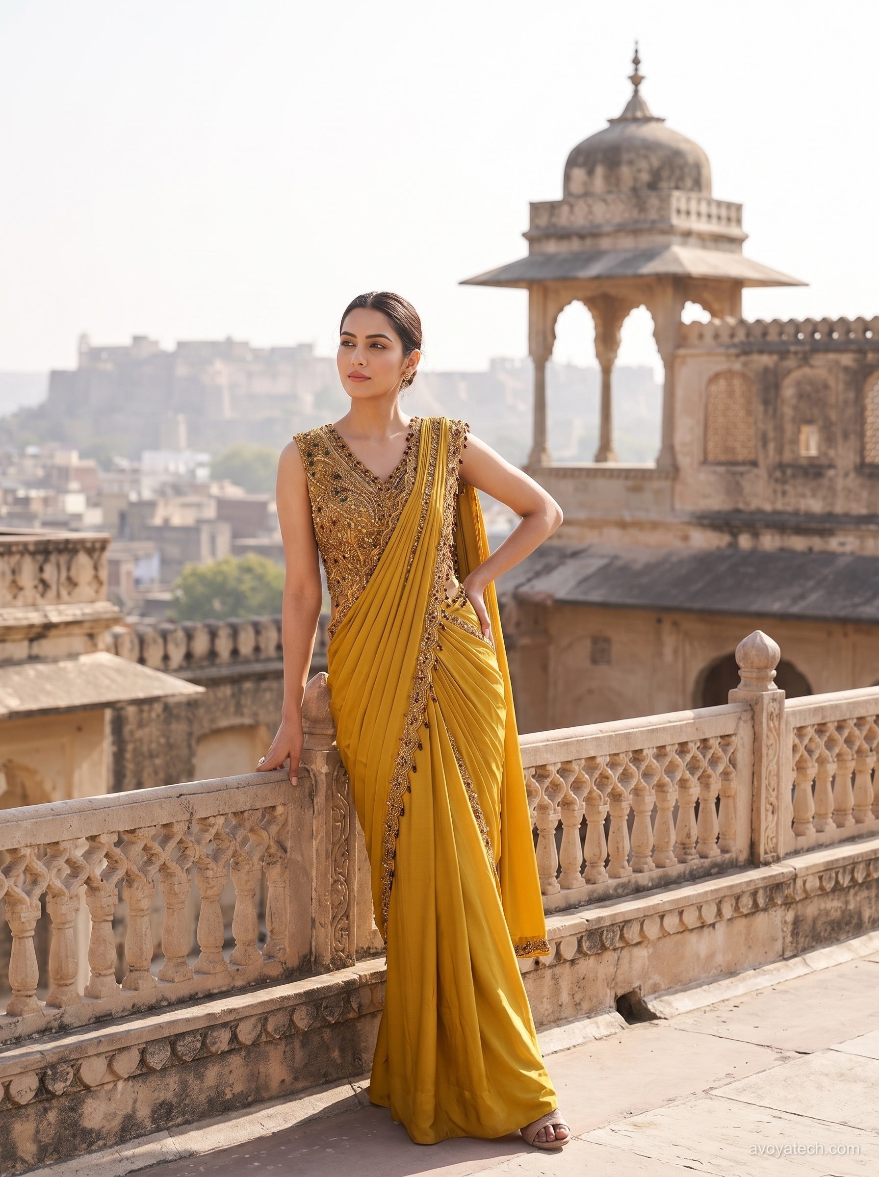 Mustard Yellow Pre-Stitched Saree Gown Set