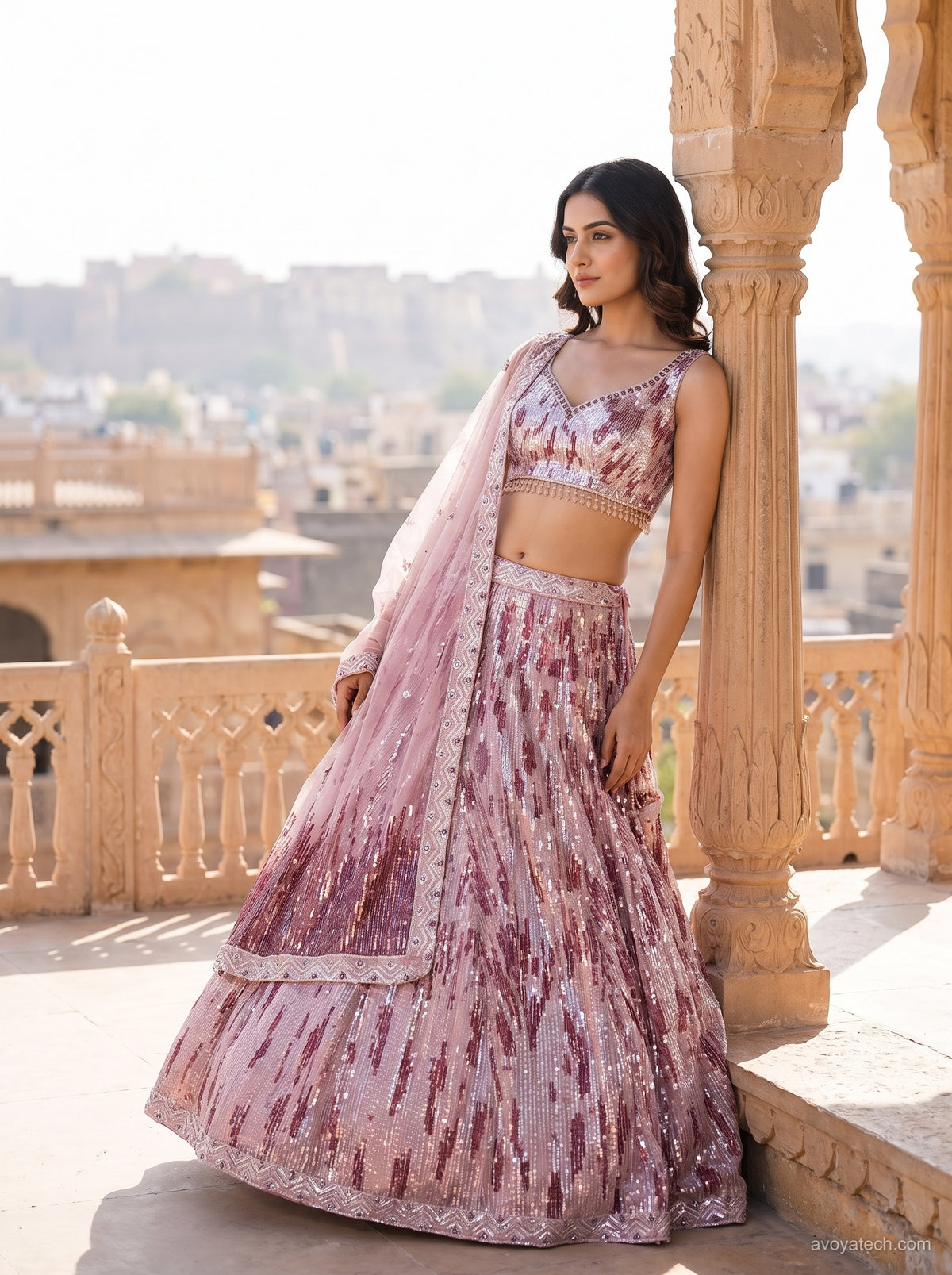 Lilac-Pink Abstract Sequinned Lehenga Choli Set Main image