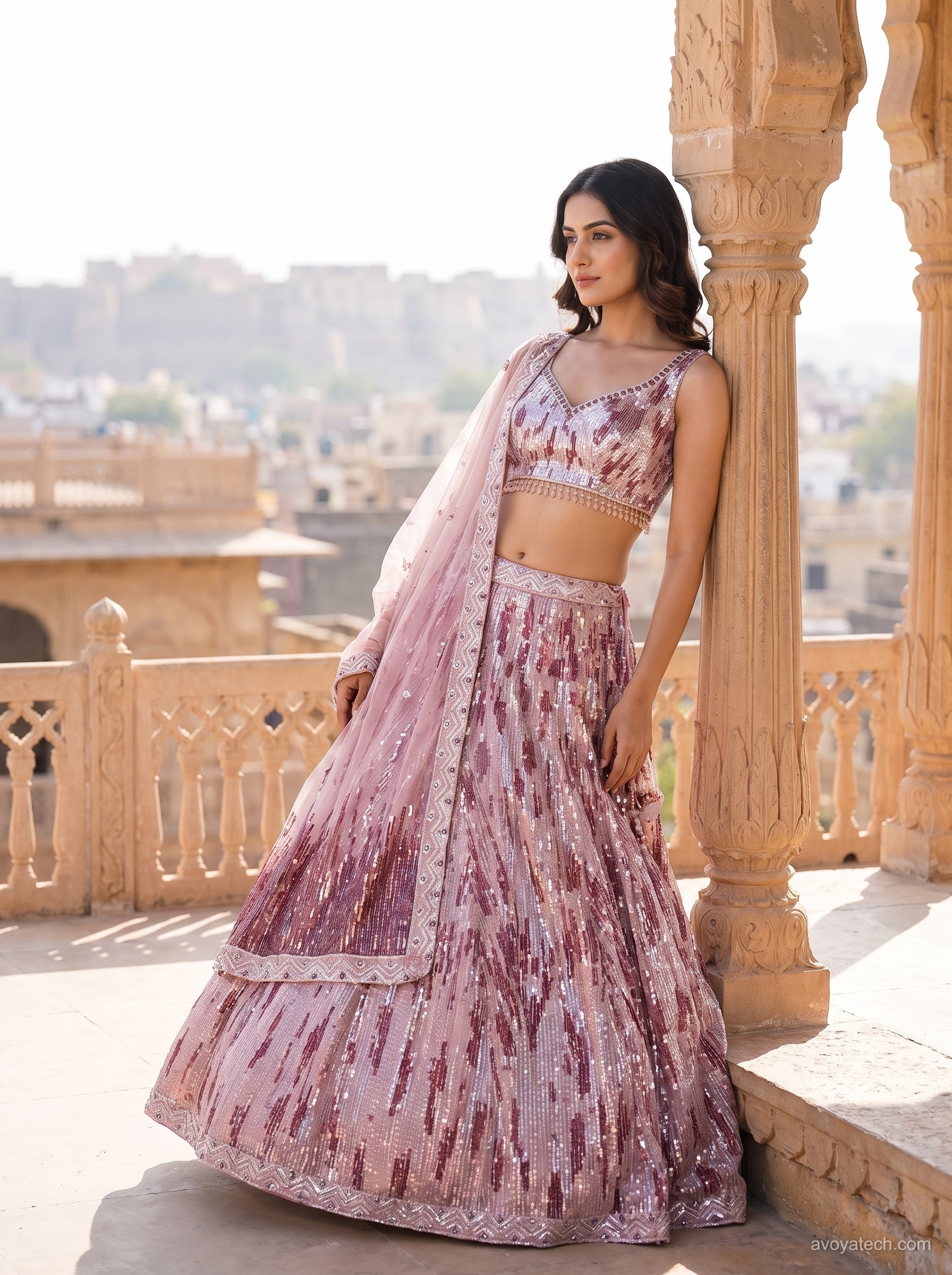 Lilac-Pink Abstract Sequinned Lehenga Choli Set
