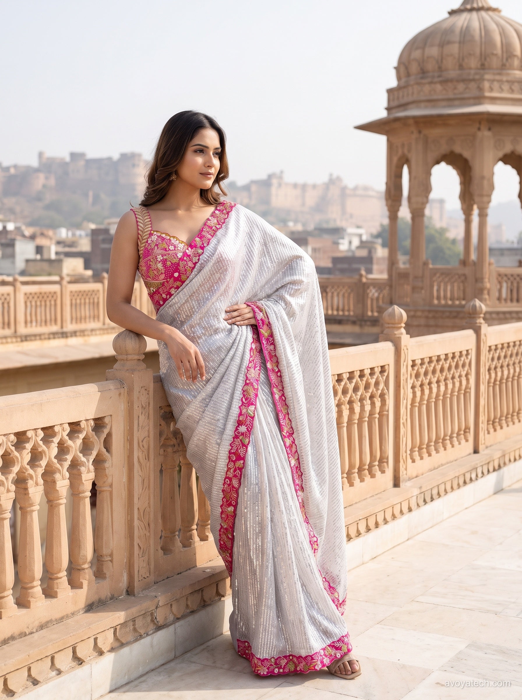 Shimmering Silver Sequin Saree with Rani Pink Borders