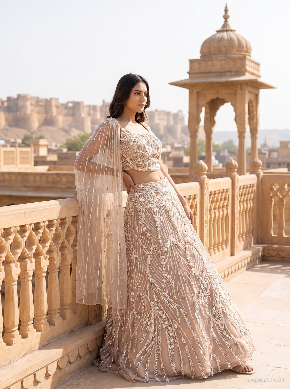 Champagne Beige Linear Floral Lehenga Set Main image