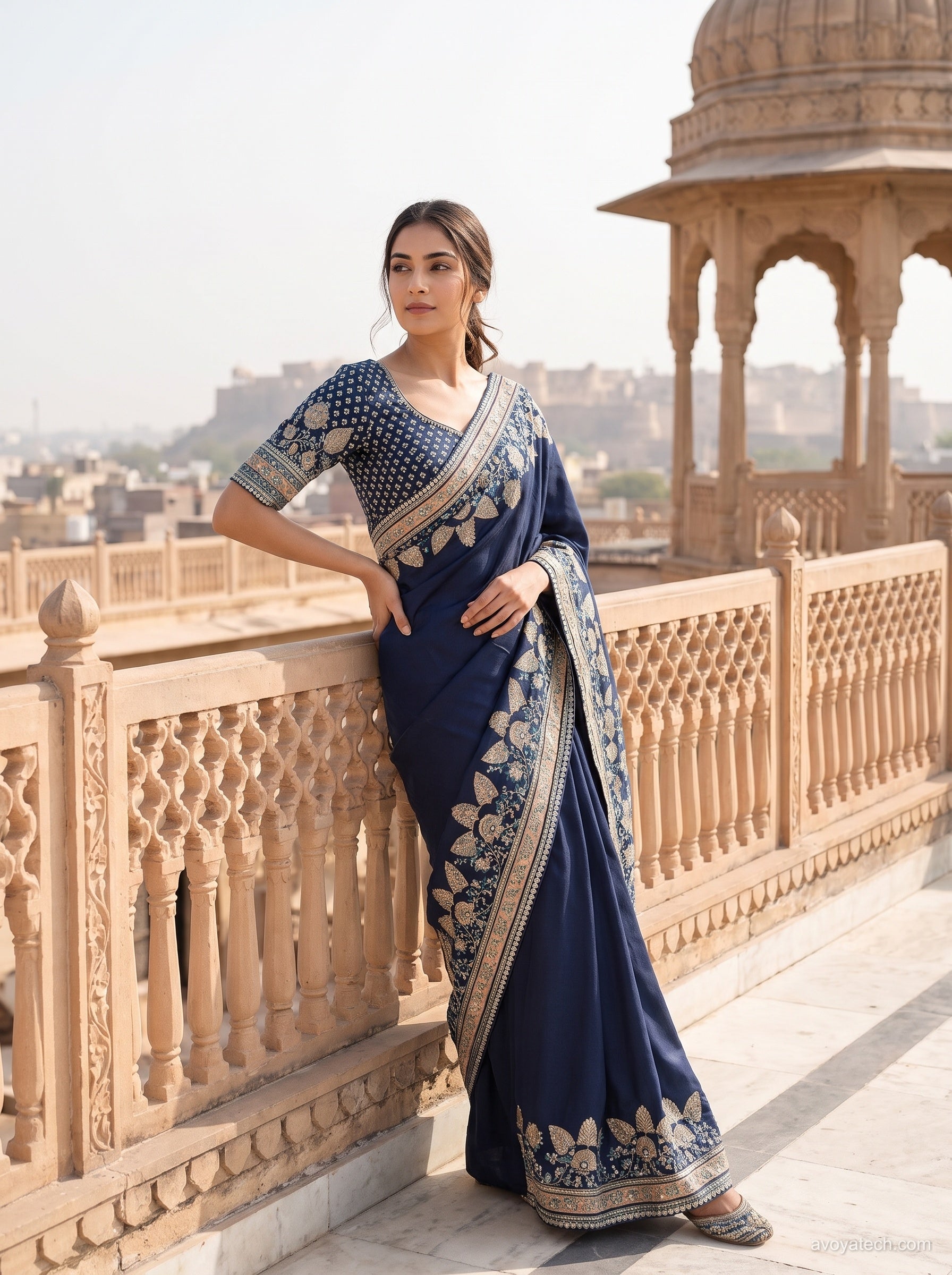 Midnight Blue Heritage Embroidered Saree Set Main image