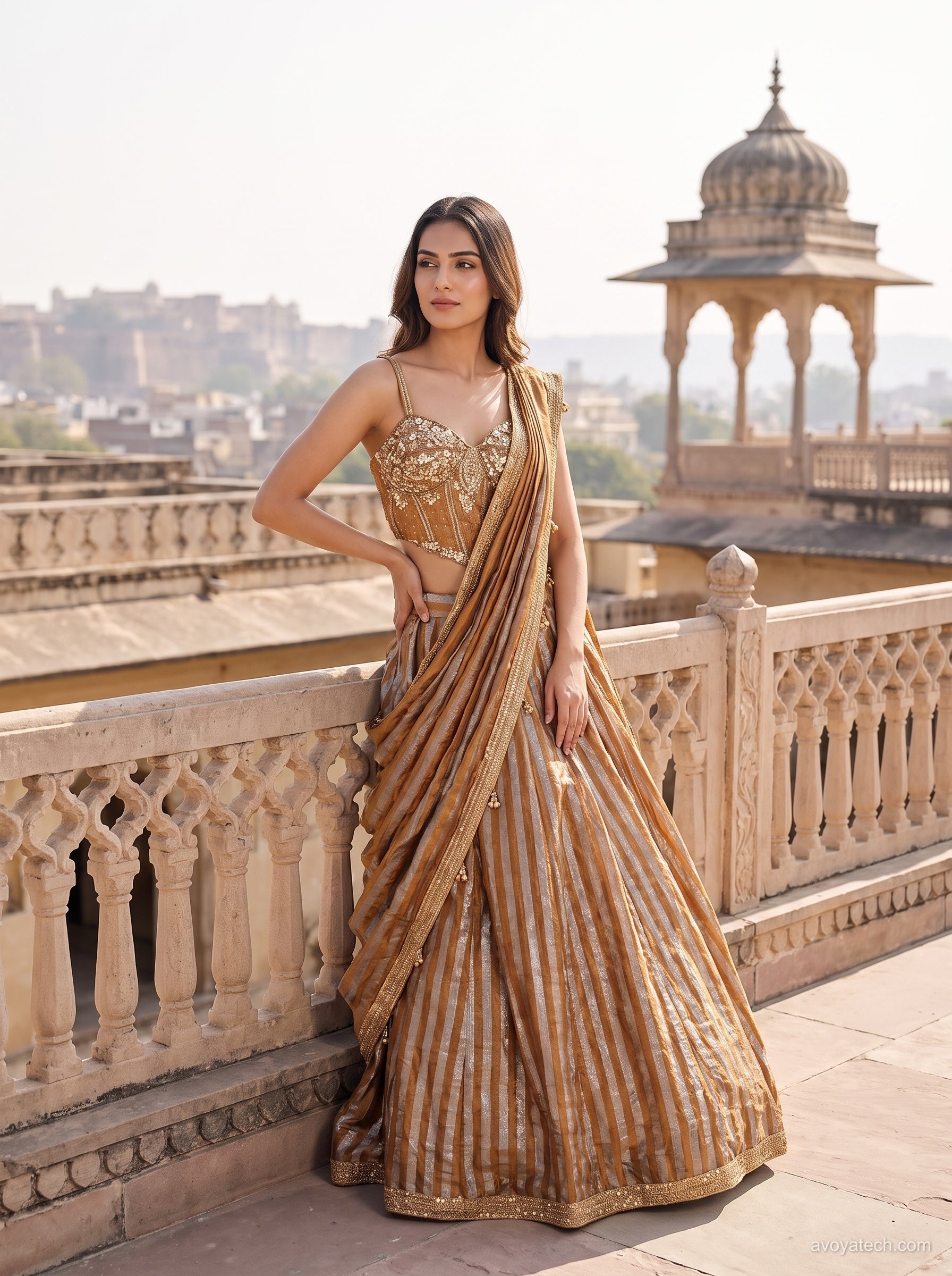Antique Gold Striped Sharara Saree Fusion Set Main image