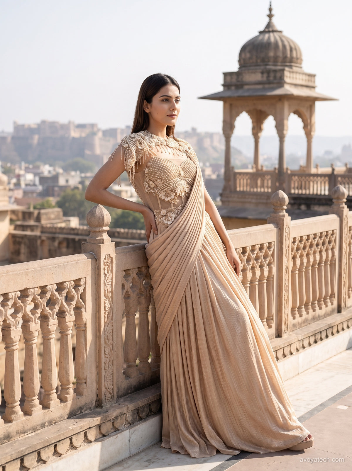 Champagne Pearl Embellished Draped Saree Gown