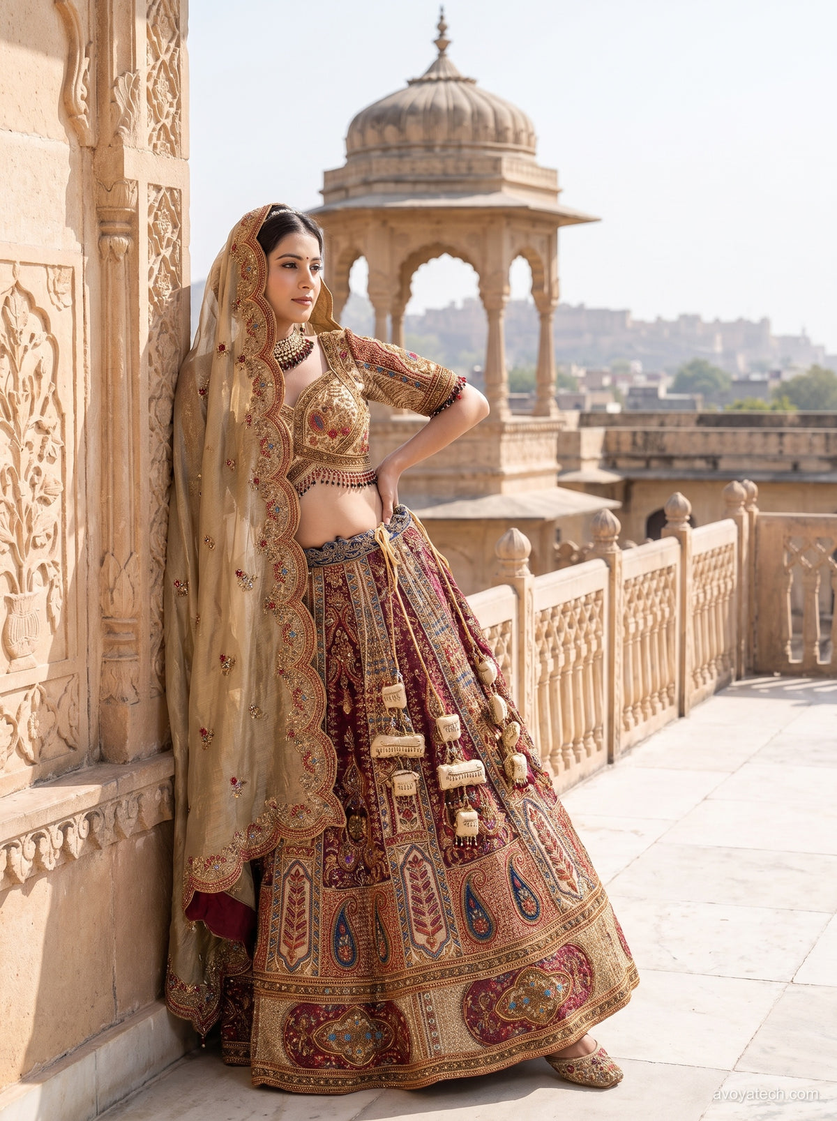 Royal Crimson &amp; Antique Gold Heritage Lehenga Set