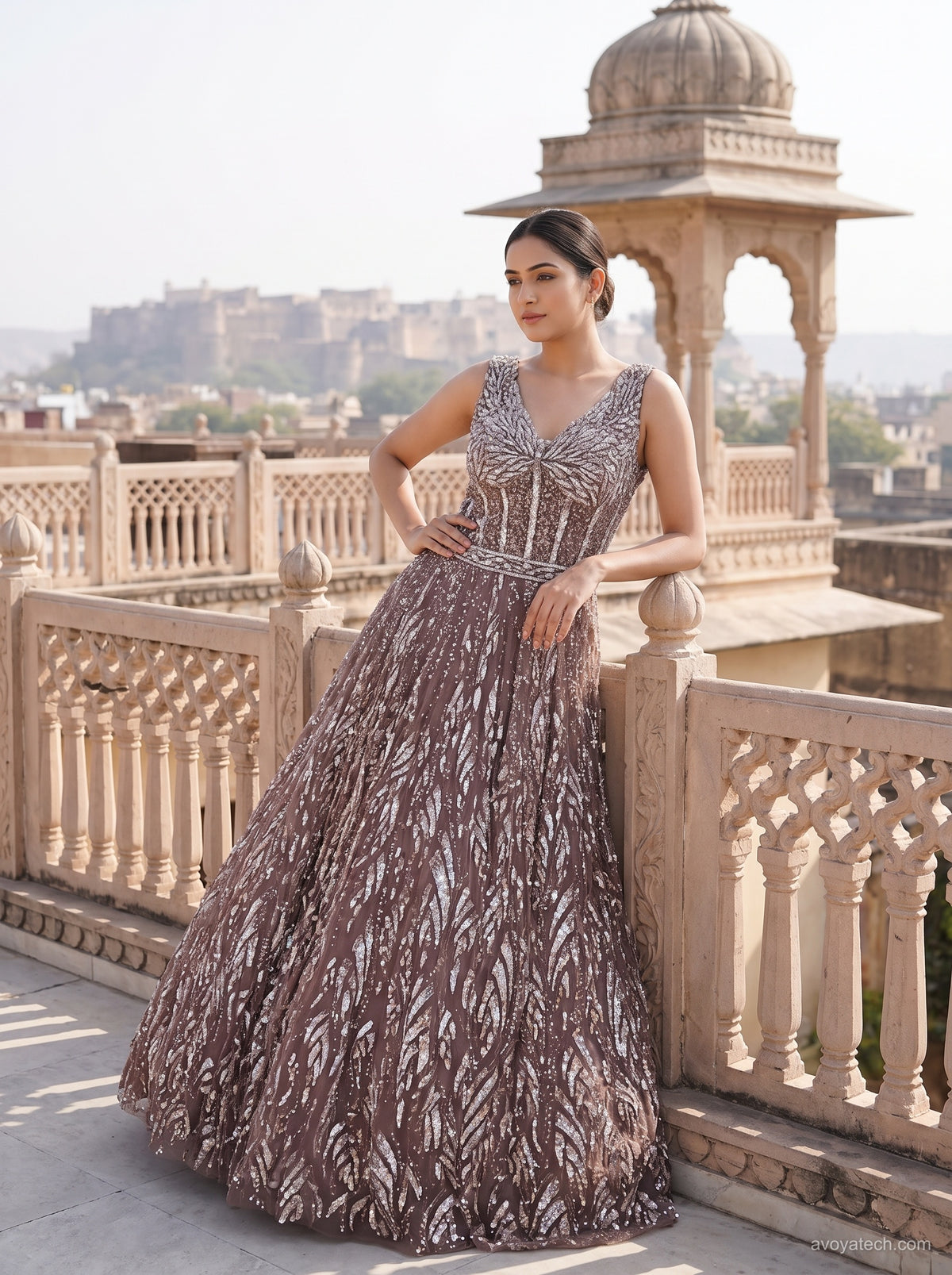 Mauve-Taupe Shimmering Corset Lehenga Gown Set