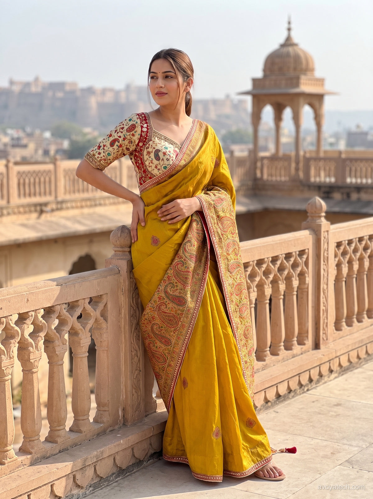 Mustard Yellow Embroidered Silk Saree