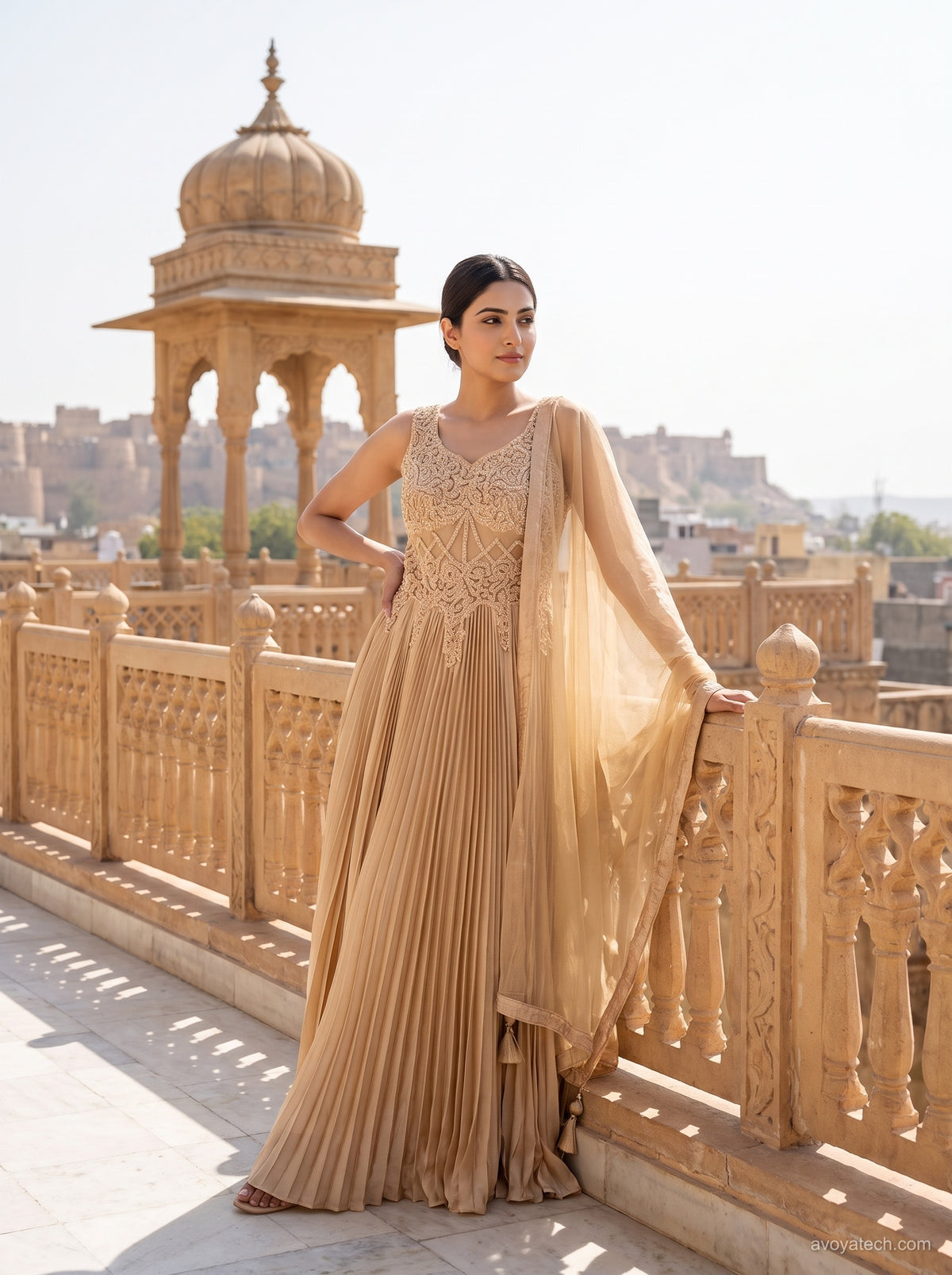 Champagne Pleated Embroidered Gown Set