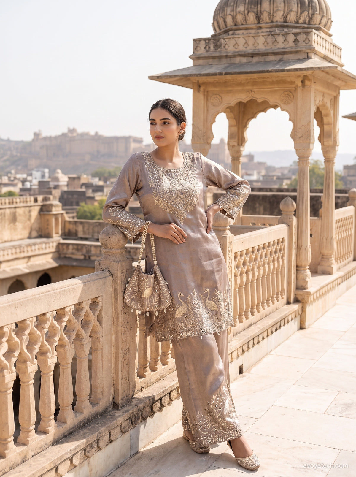 Taupe Embroidered Kurta Pant Set