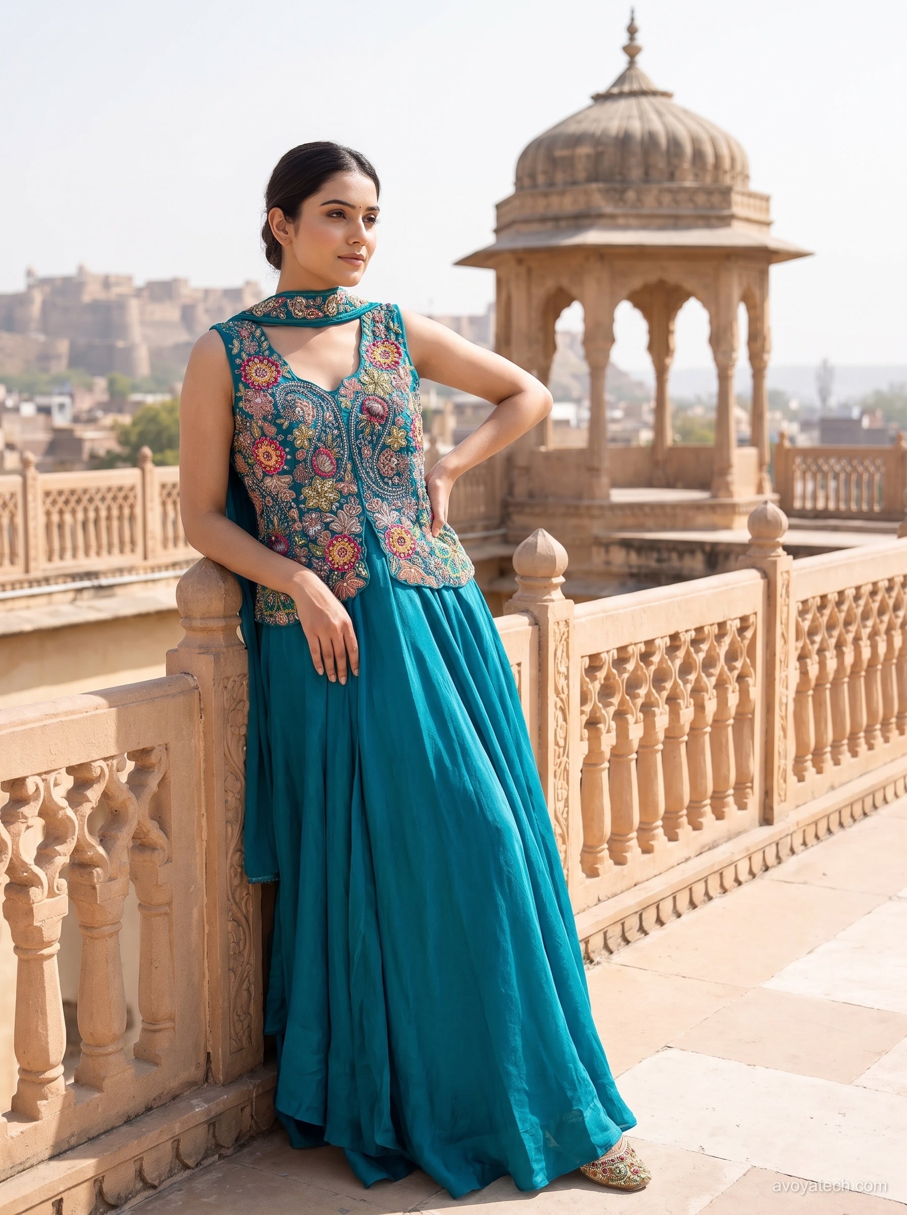 Teal Embroidered Anarkali Set