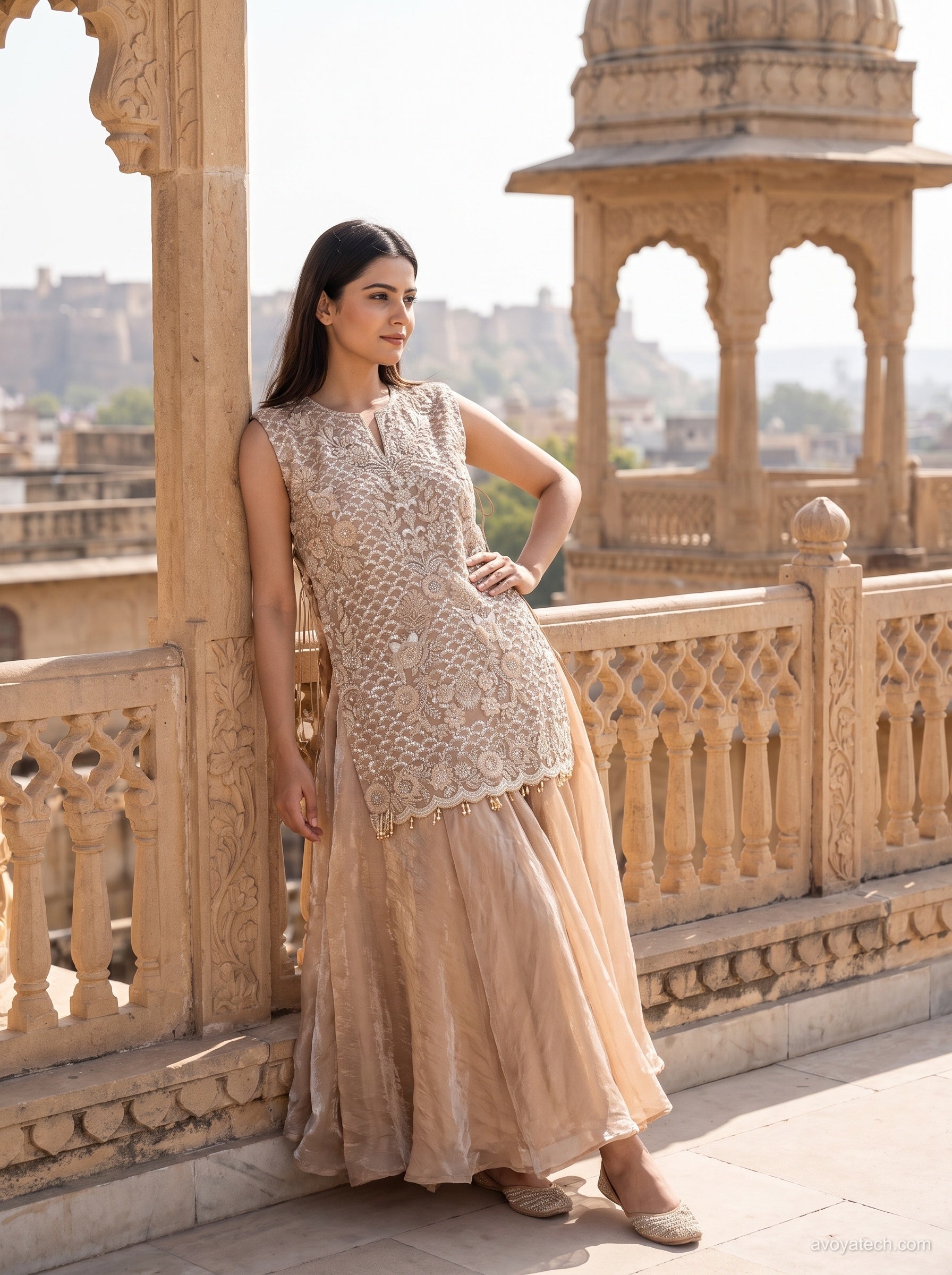 Champagne Beaded Lace Anarkali Set