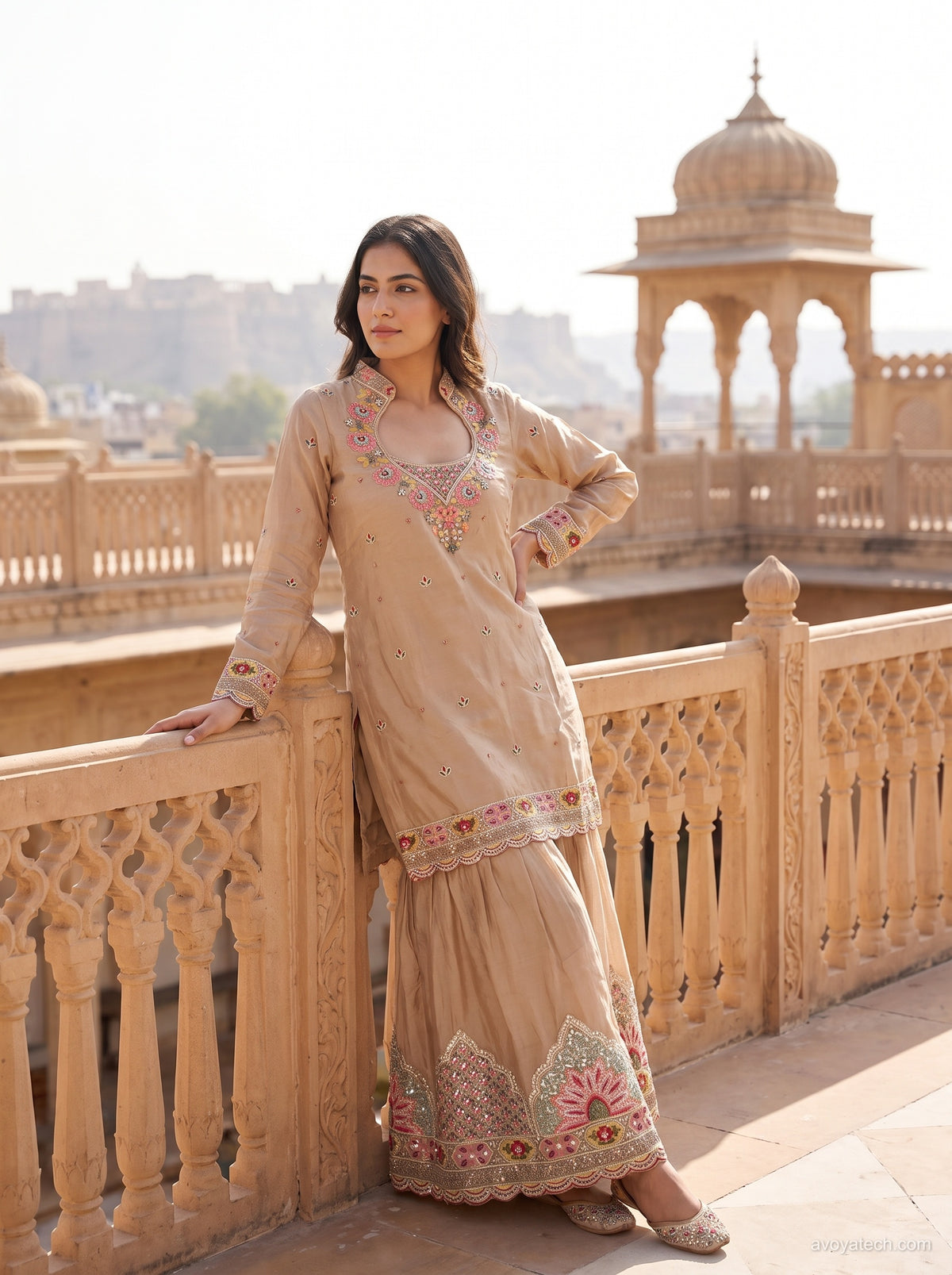 Beige Notched Collar Sharara Suit