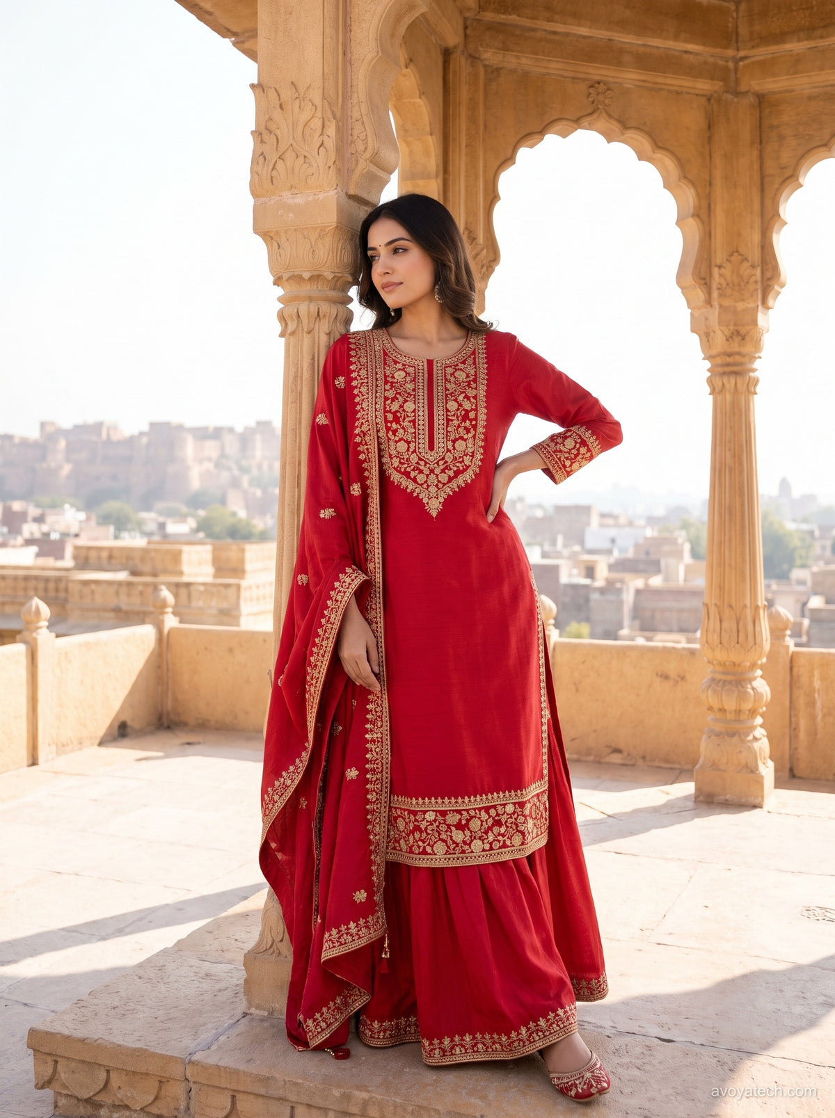 Crimson Red Zari Embroidered Sharara Suit