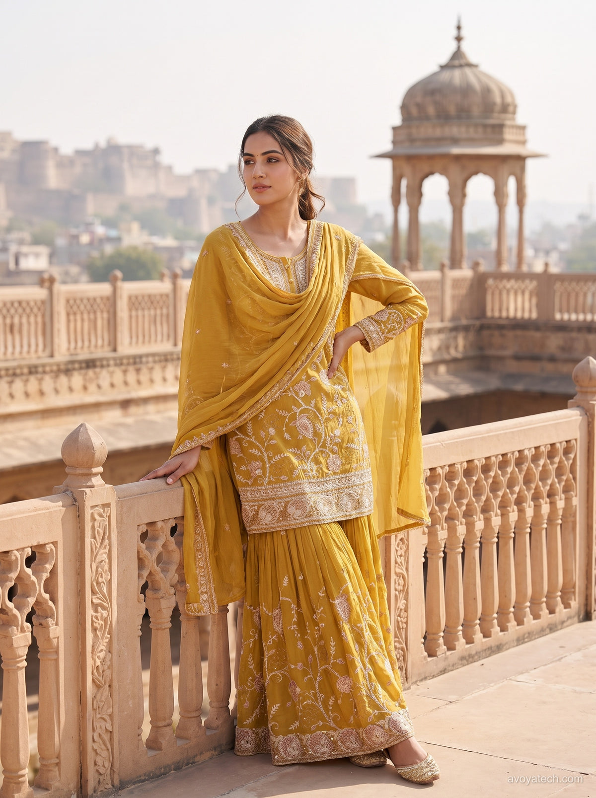 Mustard Yellow Vine Embroidered Sharara Suit Main image