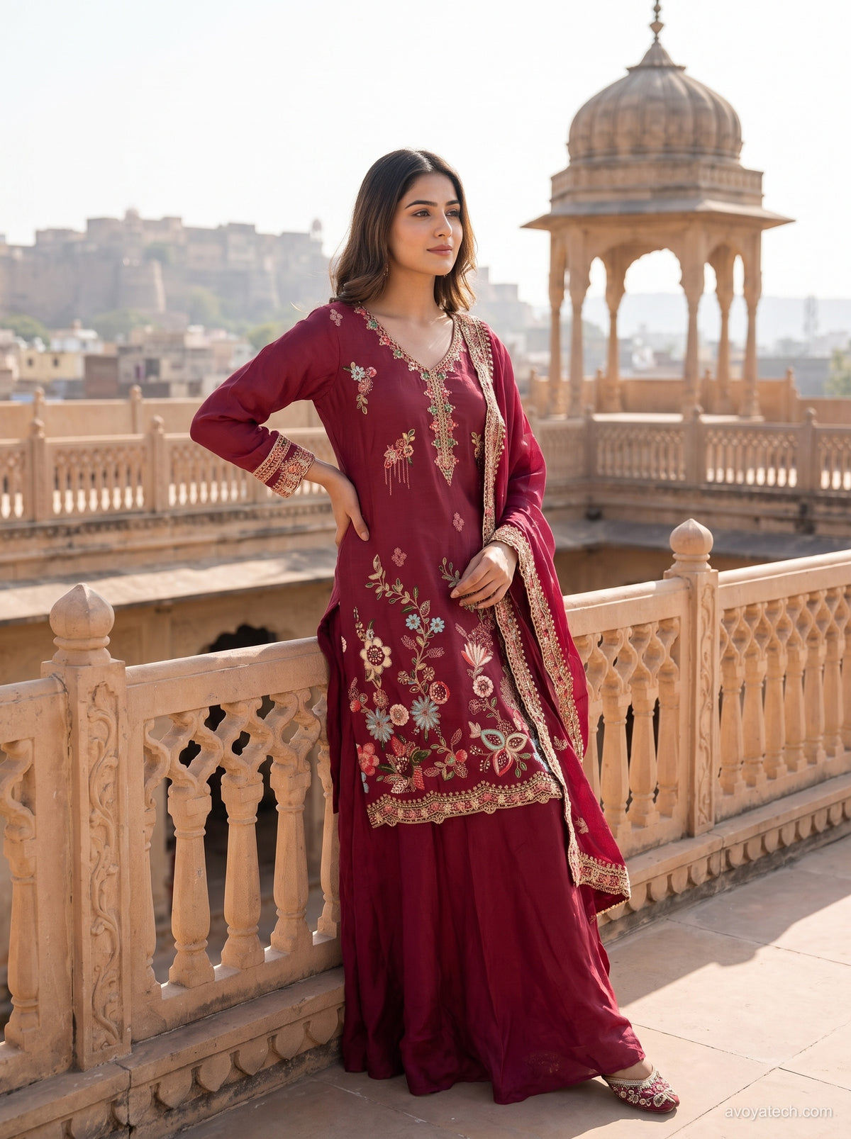 Maroon Floral Embroidered Sharara Suit