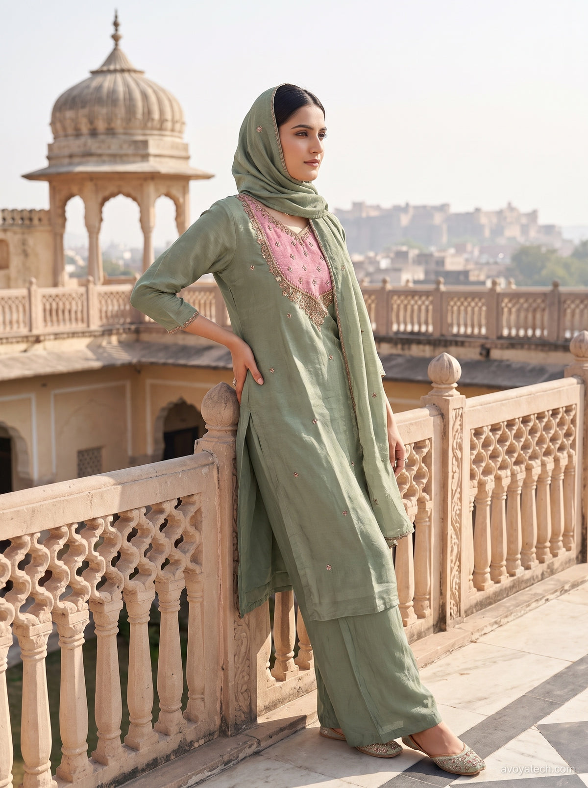 Sage Green Contrast Yoke Straight Suit