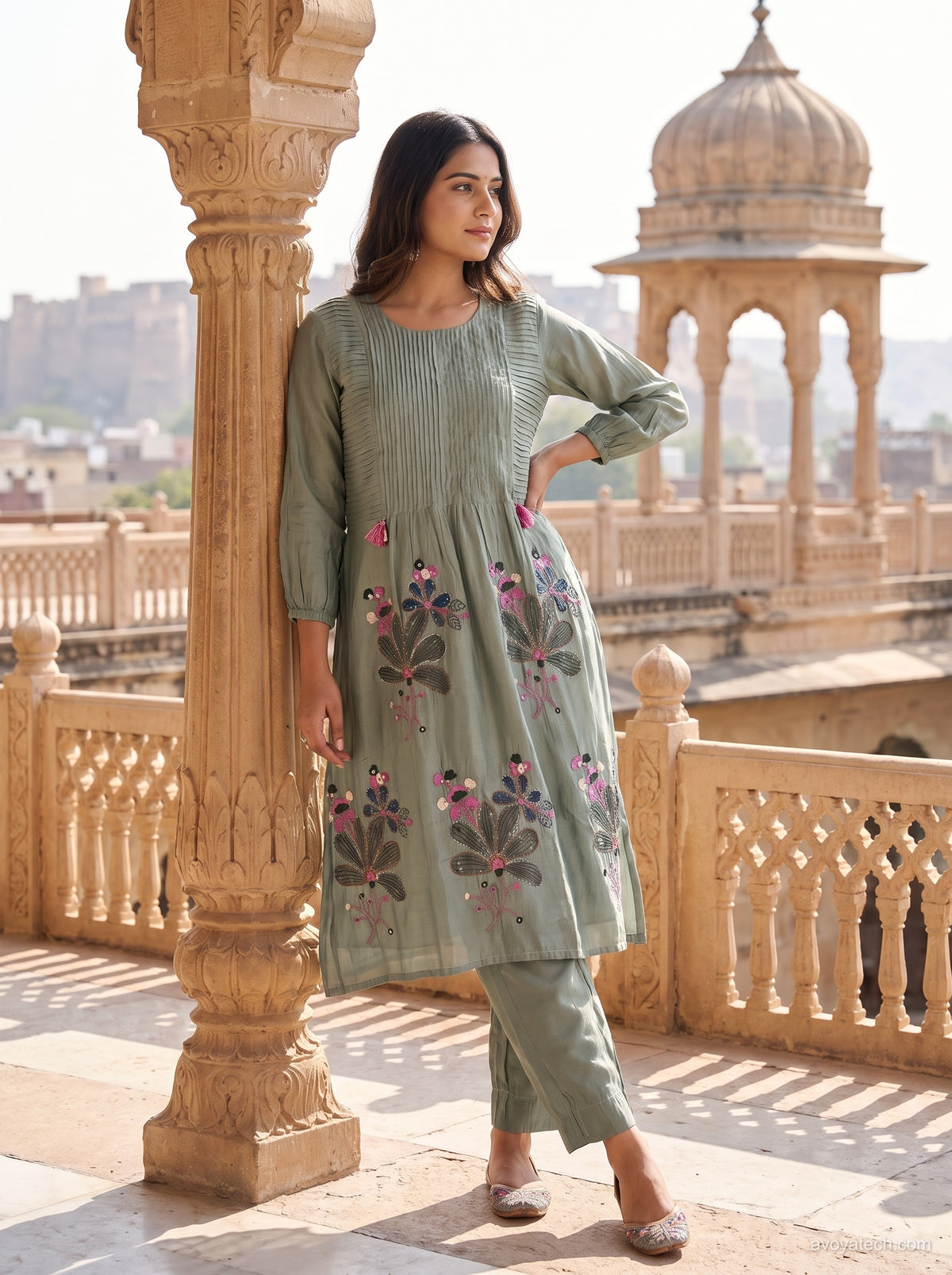 Sage Green Pintucked Floral Kurta Set Main image