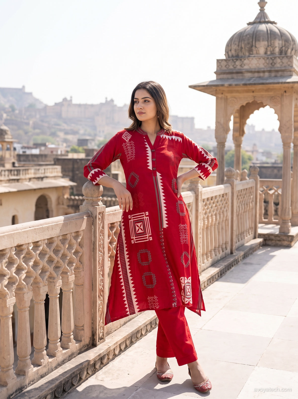 Red Geometric Print Kurta Set Main image