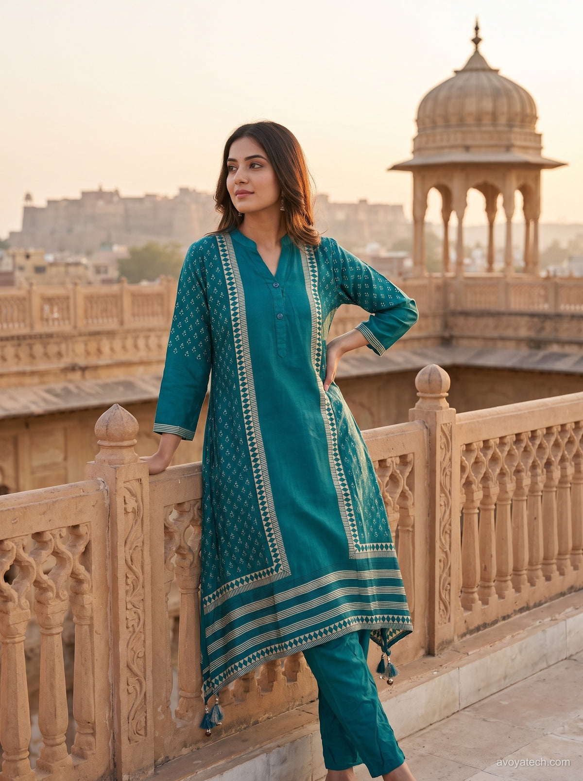 Teal Geometric Asymmetric Kurta Set Main image