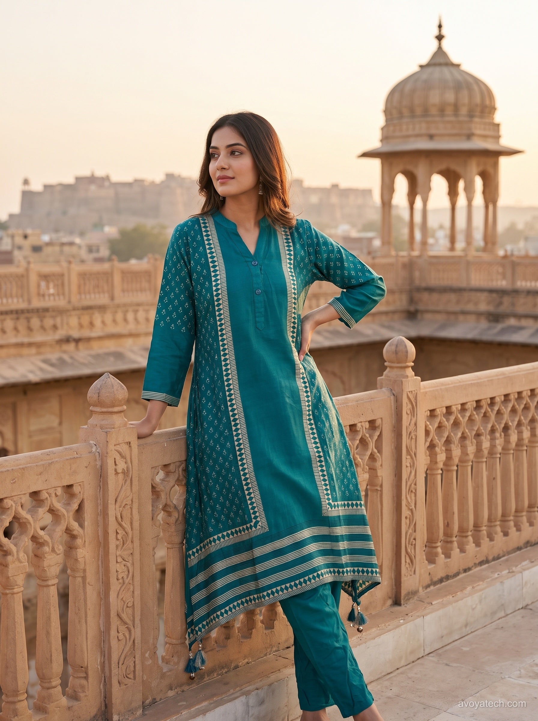 Teal Geometric Asymmetric Kurta Set