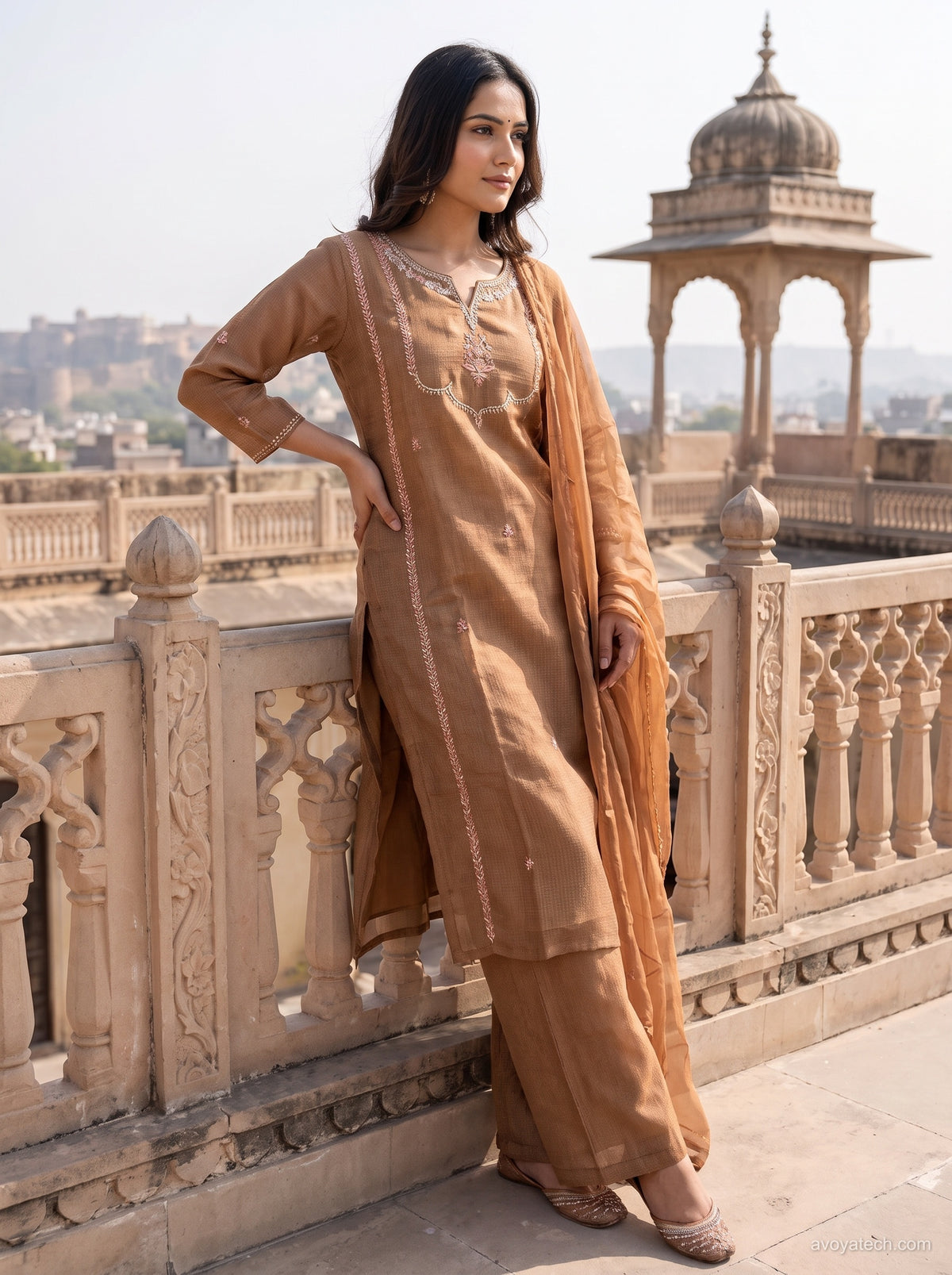 Beige-Brown Embroidered Chanderi Kurta Set Main image