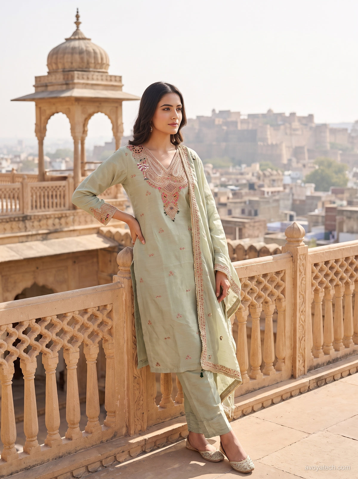 Pastel Mint Green Embroidered Kurta Set