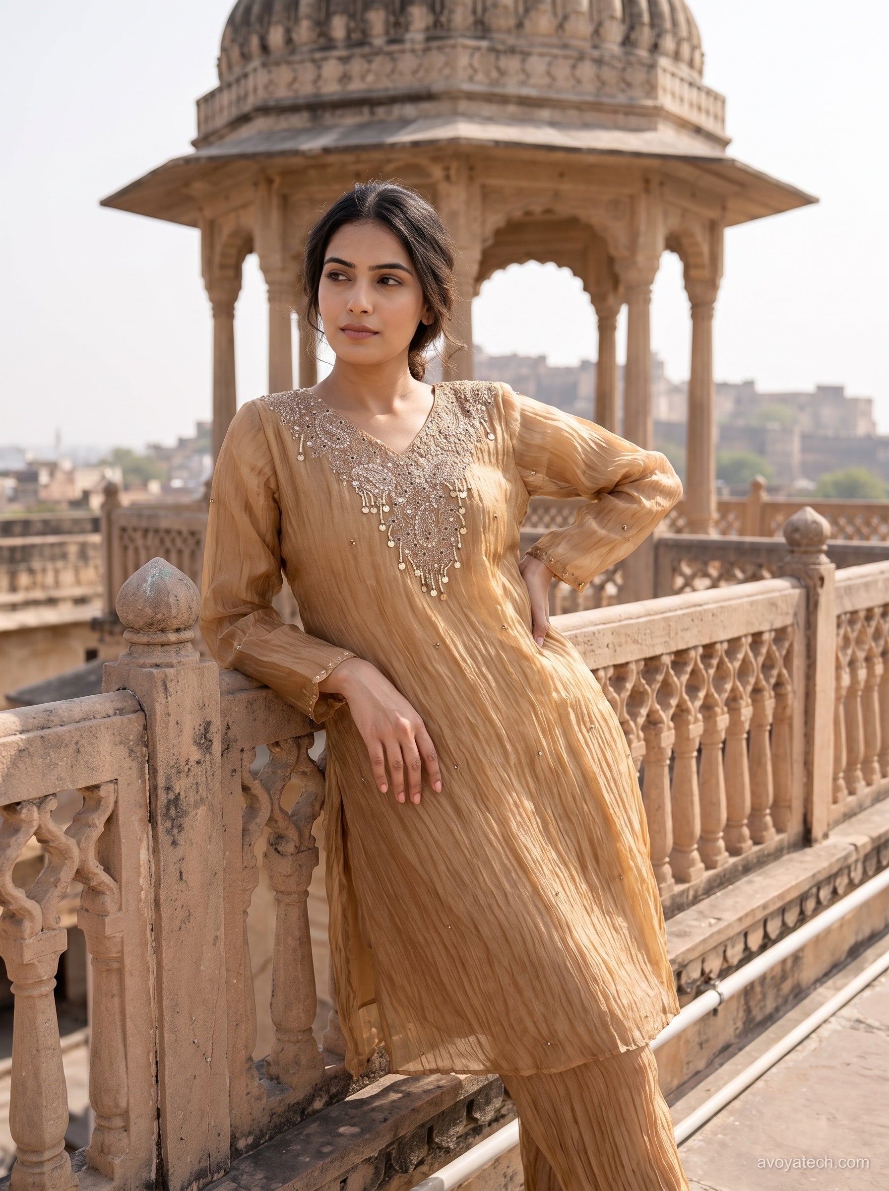 Golden Beige Crinkle Silk Kurta Set