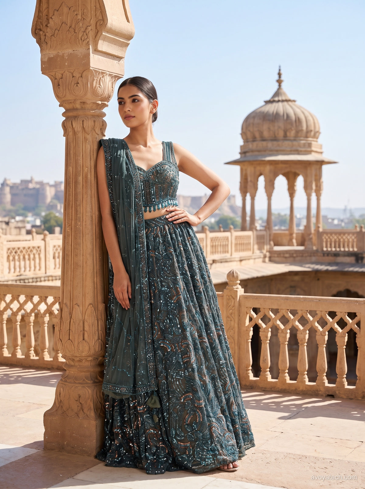Deep Teal Heavily Embellished Lehenga Choli Set
