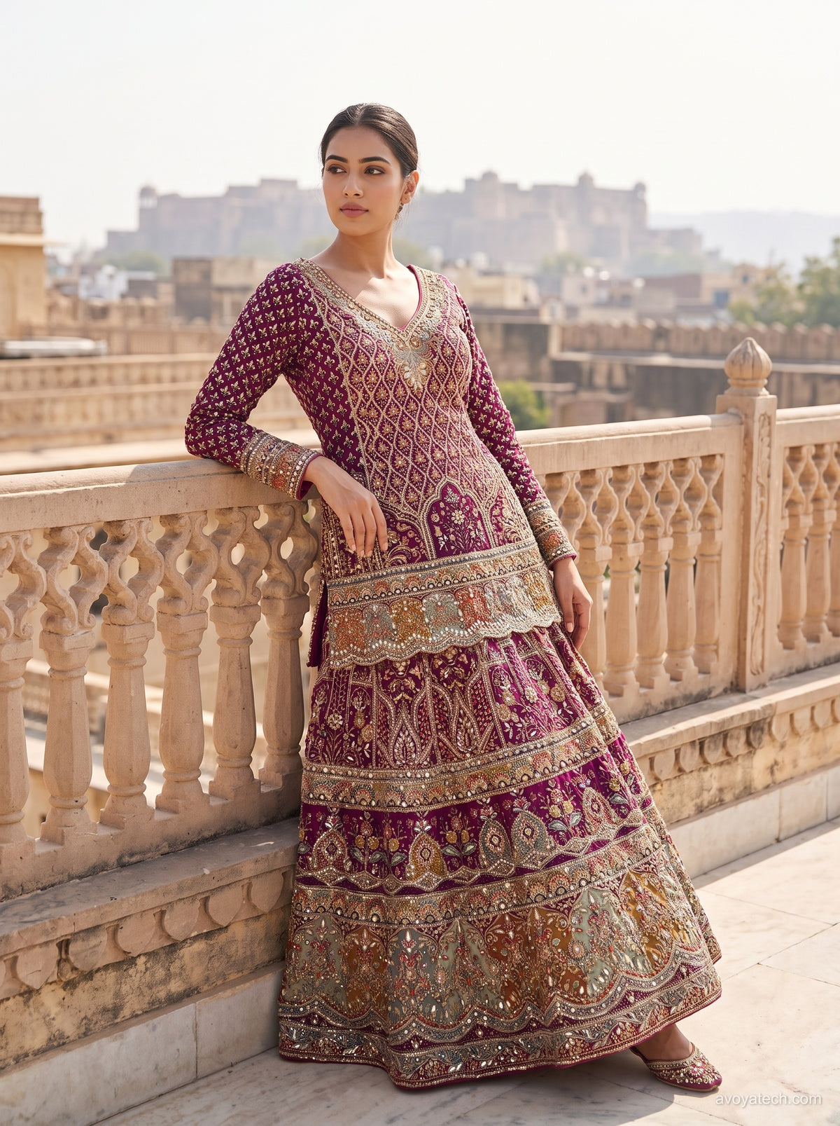 Wine Magenta Embroidered Sharara Saree Fusion Set