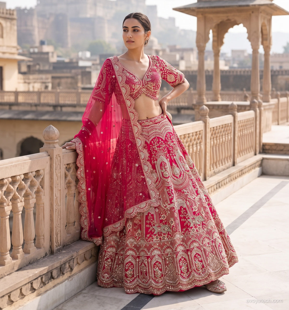 Crimson Gold Embroidered Bridal Lehenga Set Main image