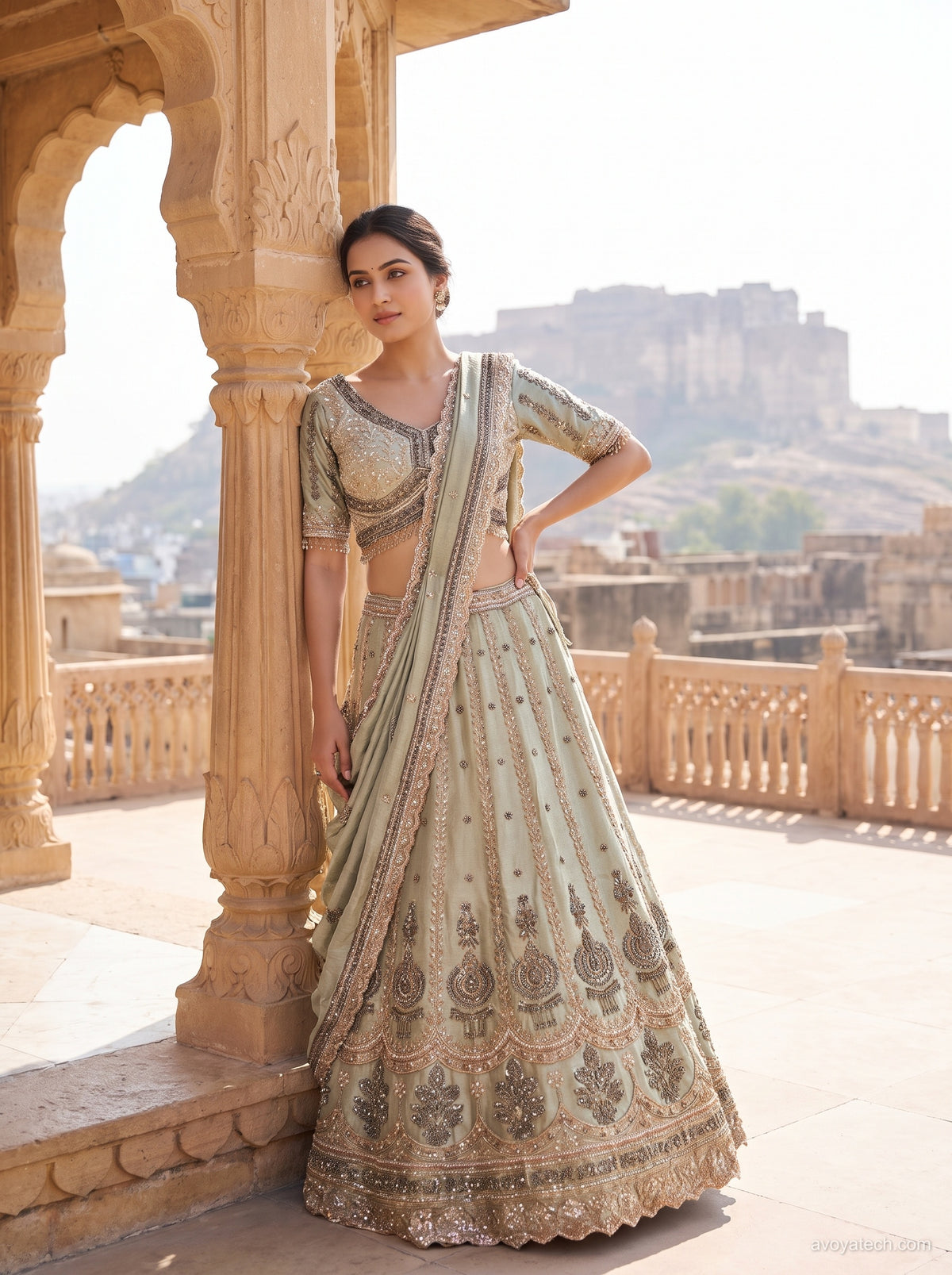 Sage Green Embroidered Lehenga Set