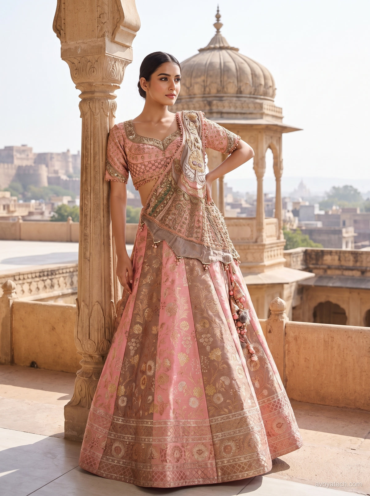 Blush Pink Zari Jacquard Bridal Lehenga Set Main image