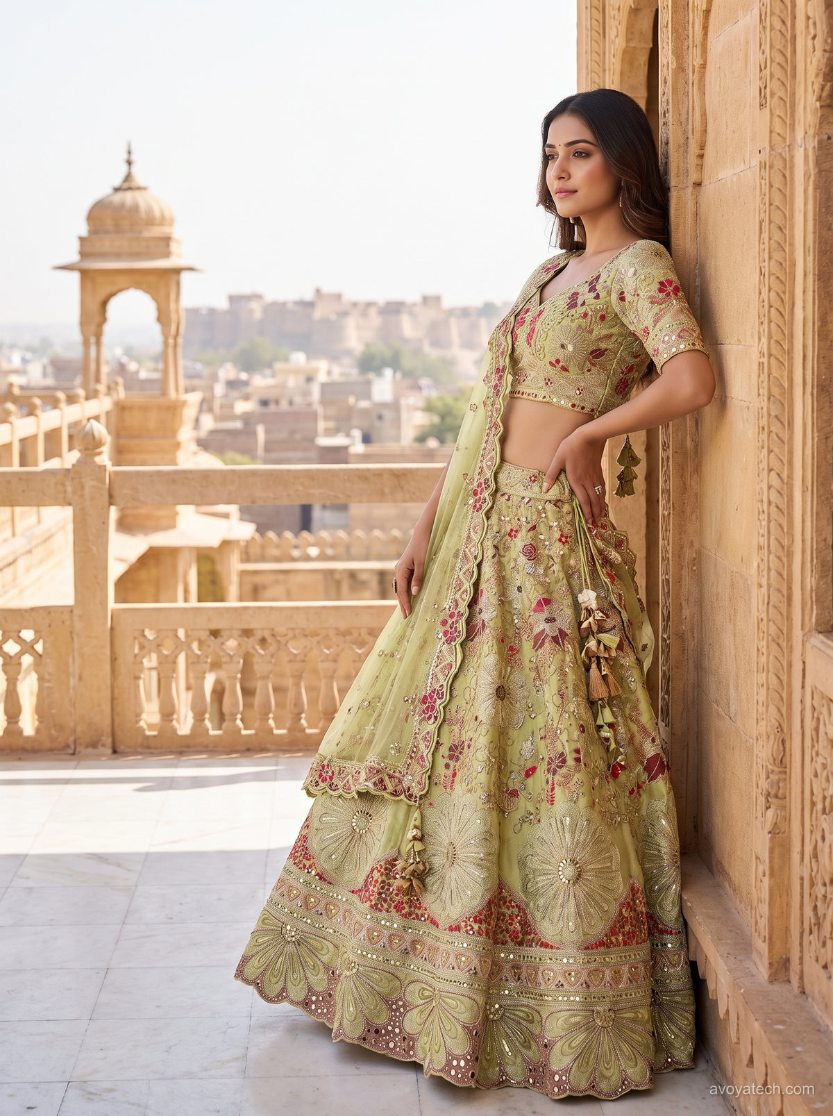 Sage Green Heritage Scalloped Lehenga Set Main image