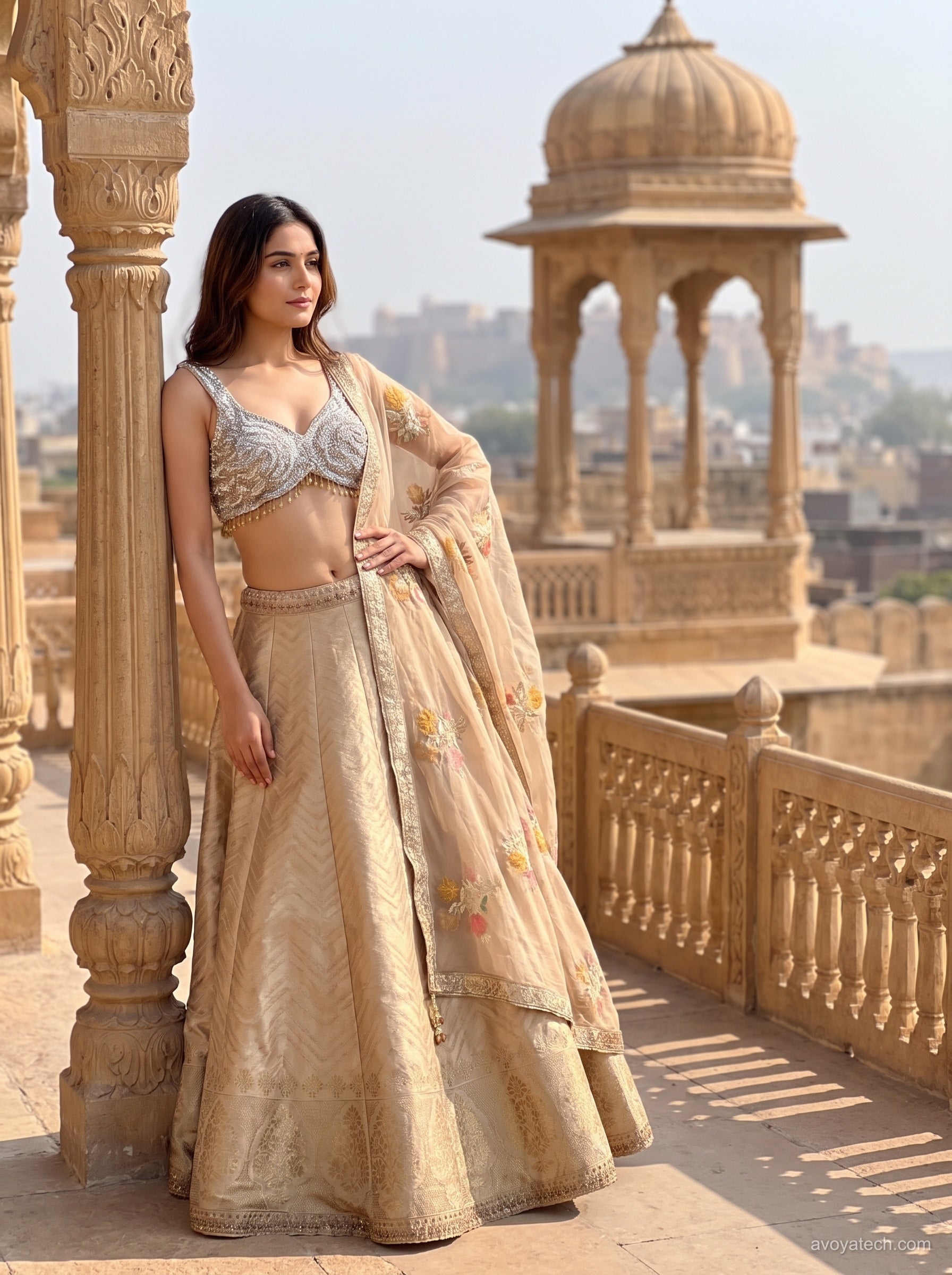 Champagne Gold Banarasi Silk Lehenga Set Main image