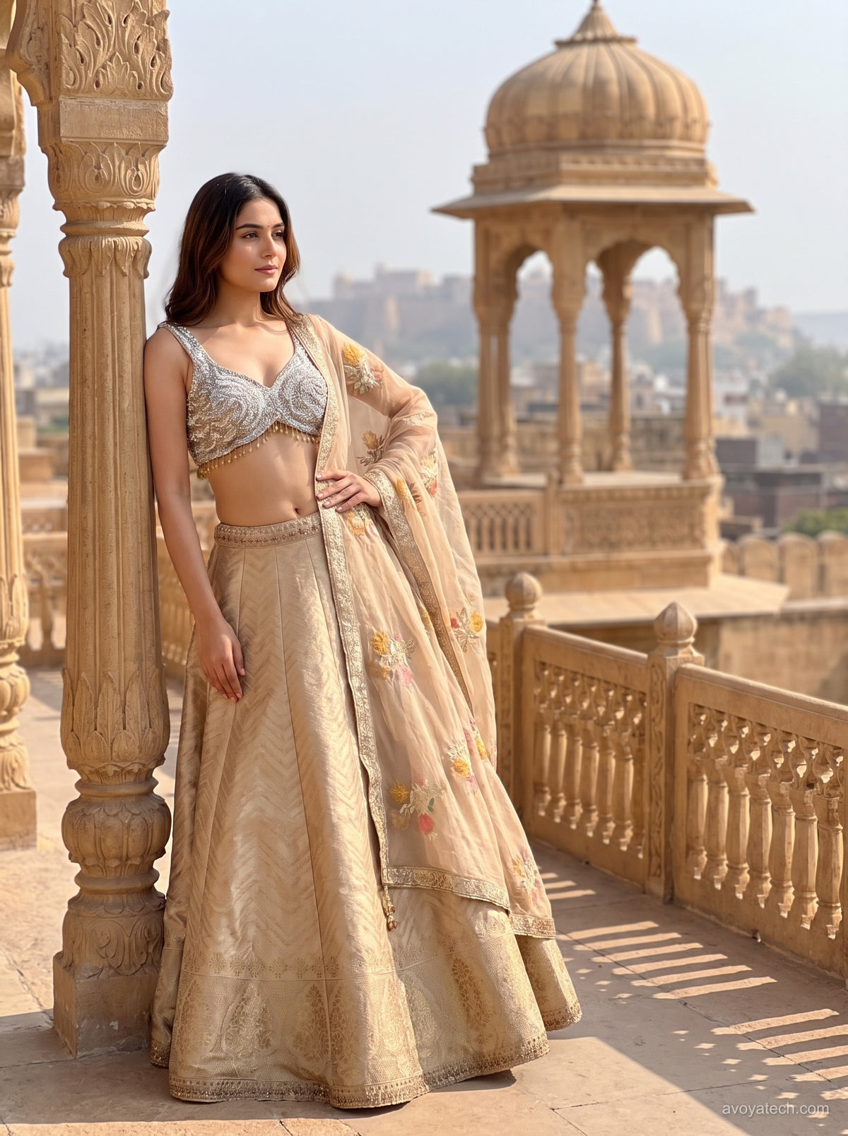 Champagne Gold Banarasi Silk Lehenga Set