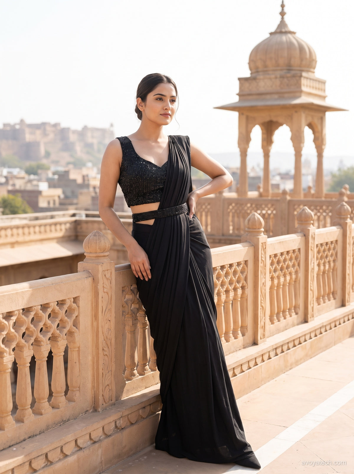 Jet Black Pre-Stitched Saree Gown with Embellished Waistband