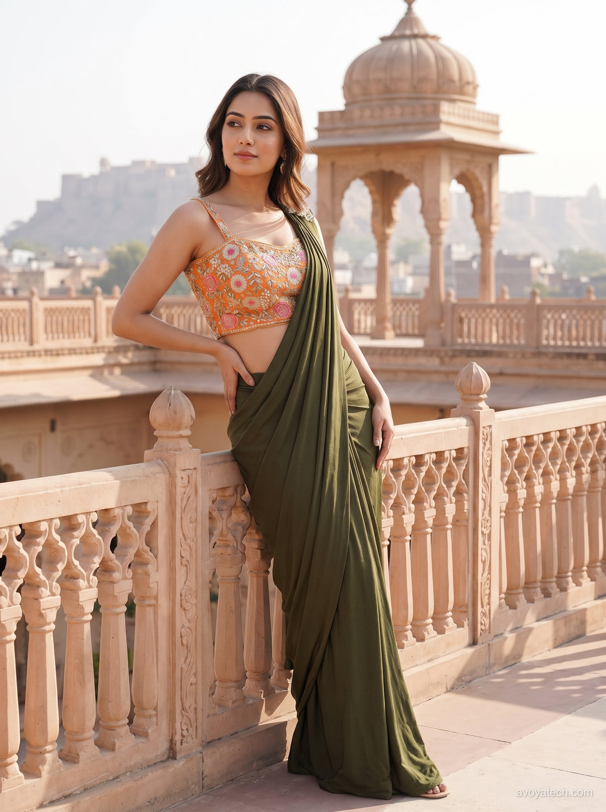Olive Green Pre-Stitched Saree Gown with Floral Embroidered Blouse Main image