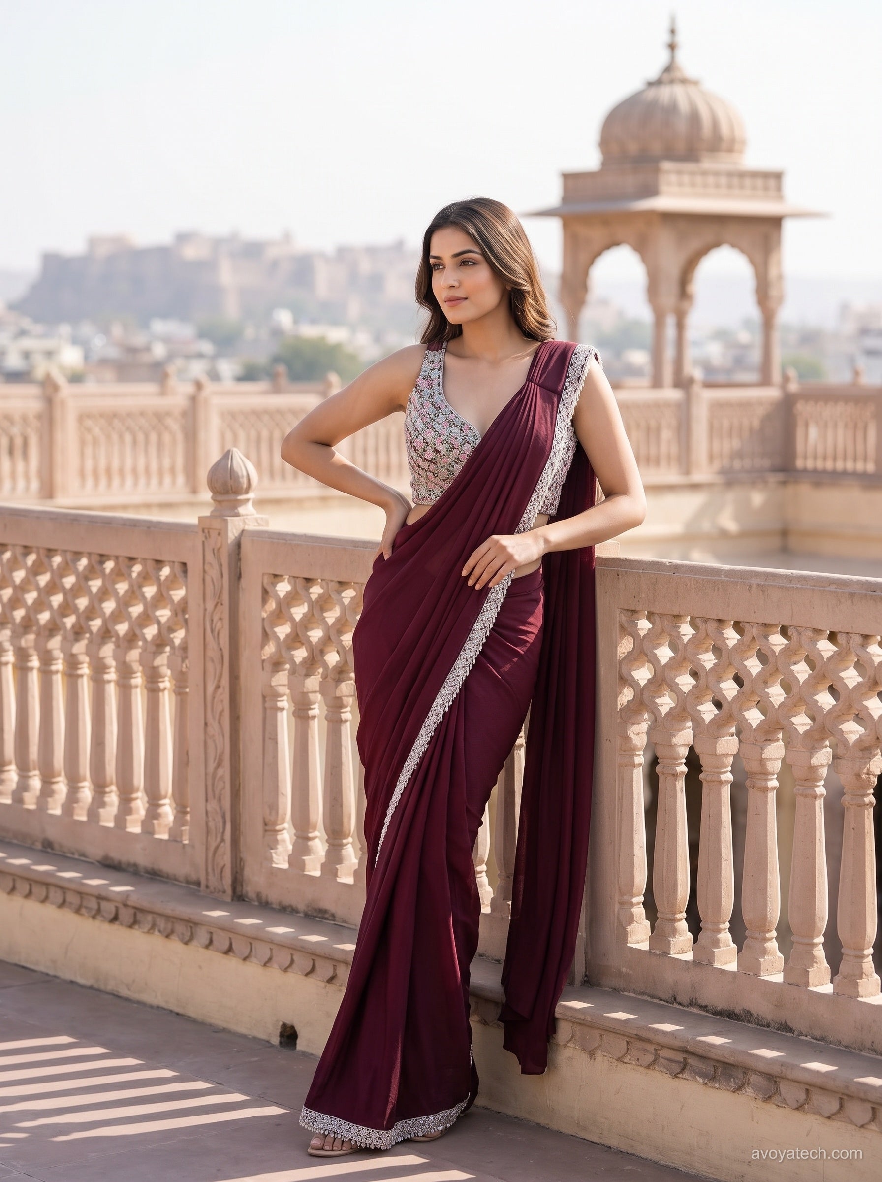 Wine Burgundy Pre-Stitched Saree Gown with Crystal Border Main image