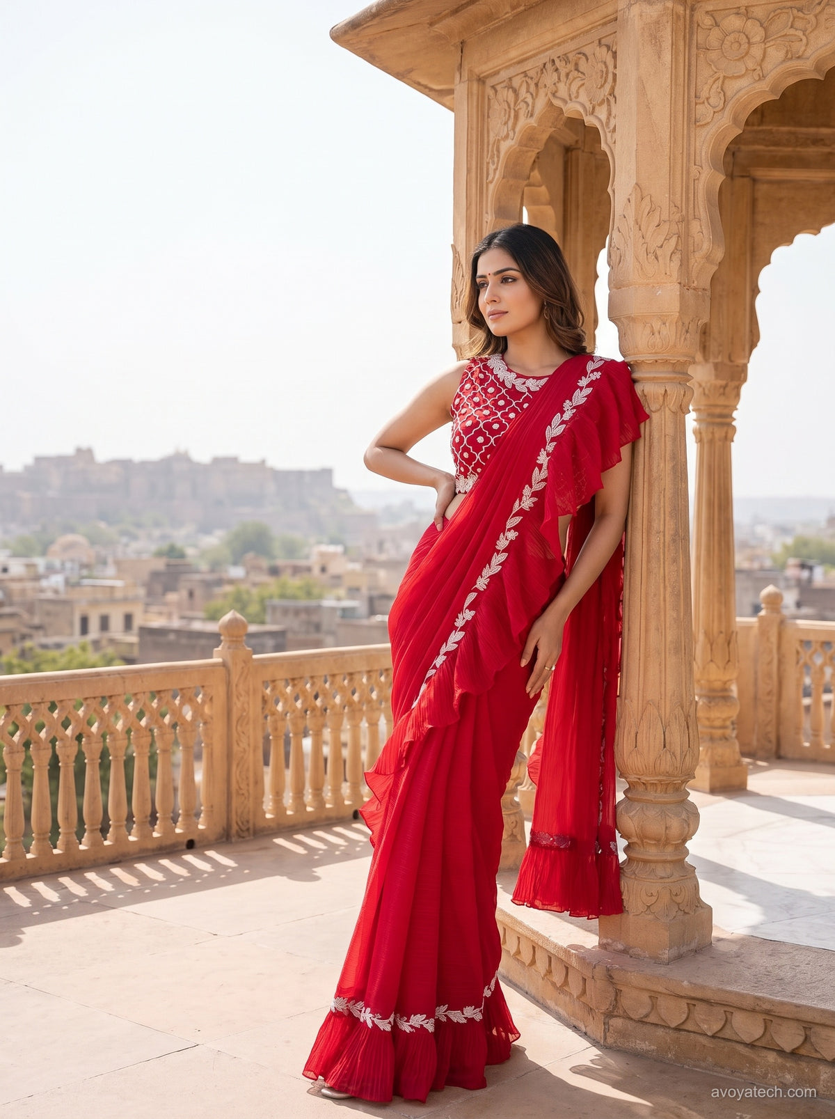Crinkle Georgette Ruffle Drape Saree